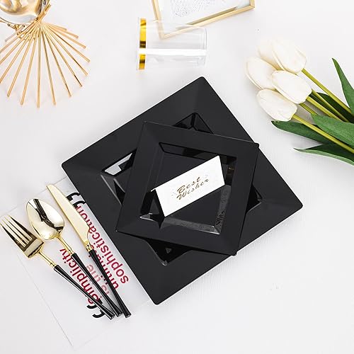 Miniatura 6 de 100 platos llanos de plástico negro, platos cuadrados desechables de 9.5 pulgadas, platos de postre para bodas, fiestas, Pascua, Navidad