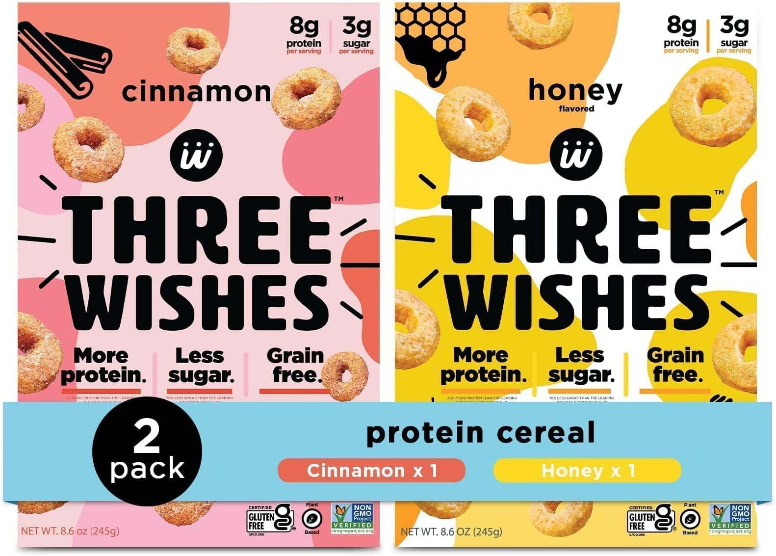 Protein and Gluten-Free Breakfast Creal Bundle by Three Wishes - Honey, 1 Pack and Cinnamon, 1 Pack