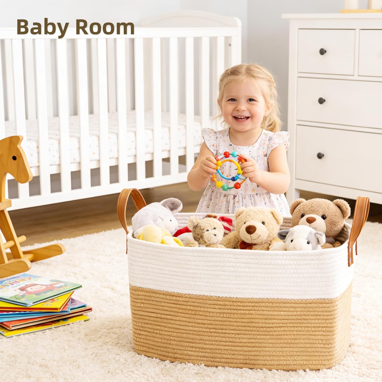 BOLDMONKEY 72L Laundry Basket with Leather Handles,Woven Cotton Rope Blanket Basket,Toy Bin for Baby Room,Laundry Hampers for Bedroom, Living Room,Bathroom,22"x17"x11.8" Khaki