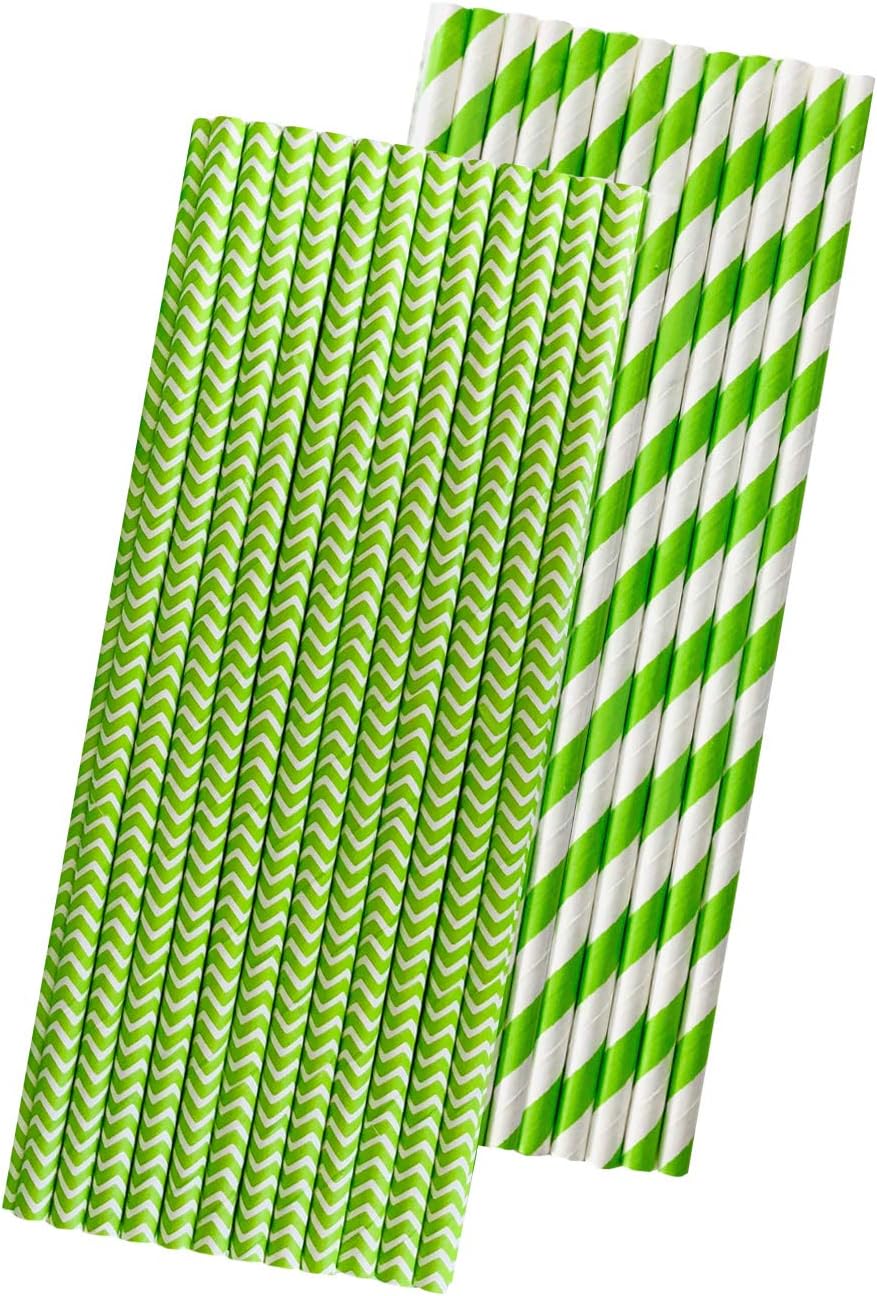 Lime Green Paper Straws Stripe and Chevron 7.75 Inches