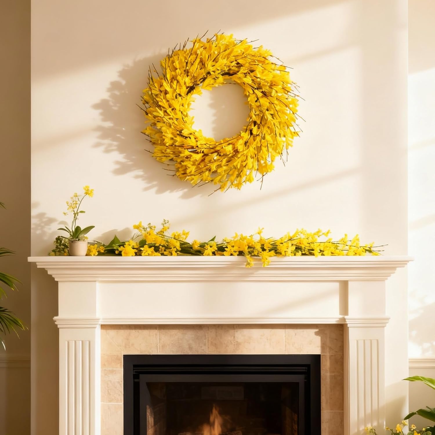 Bibelot 22inch Artificial Forsythia Flower Wreaths Spring Summer Fall Wreath Silk Leaves Wreath for Front Door Wreaths Porch Farmhouse Patio Garden Home Decor (yellow)