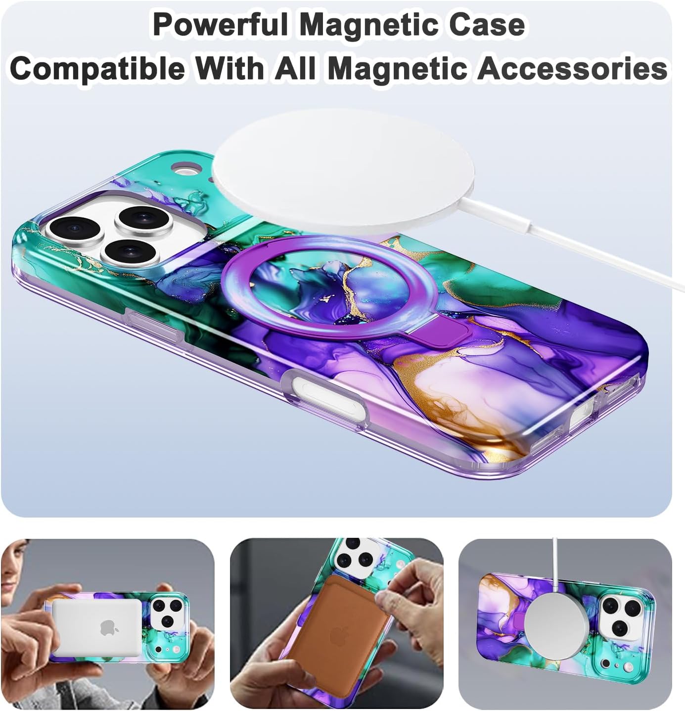 Lamcase for iPhone 17 Pro Max Case with Magnetic Invisible Ring Stand [Compatible with MagSafe], Full Body Rugged Slim Women Men Girl Shockproof Marble Pattern Design Case, Purple Cyan image 2