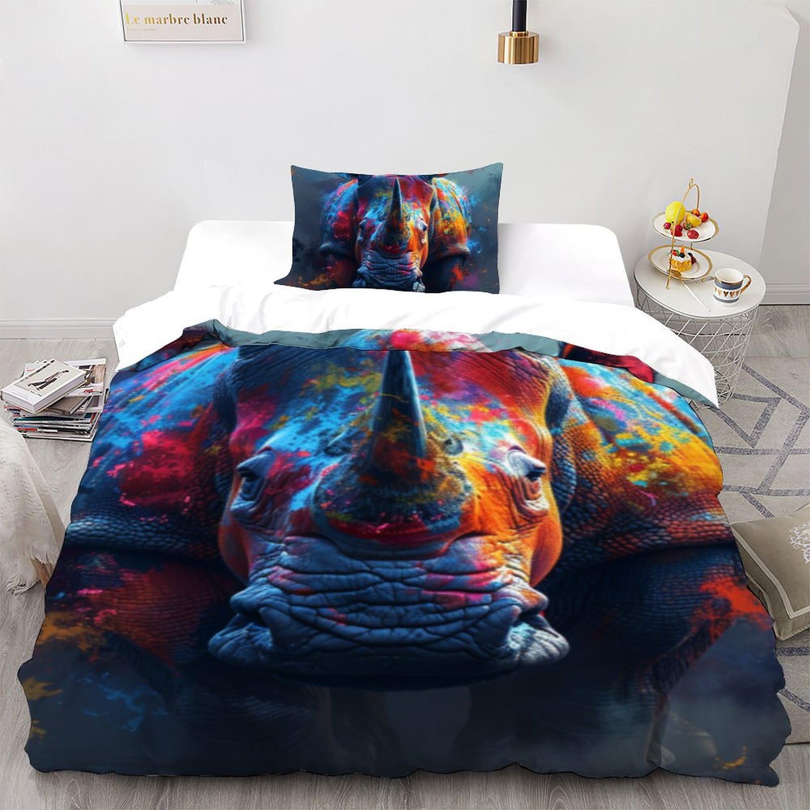 Housse de couette lit simple motif rhinocéros coloré 2 pièces avec taie d'oreiller