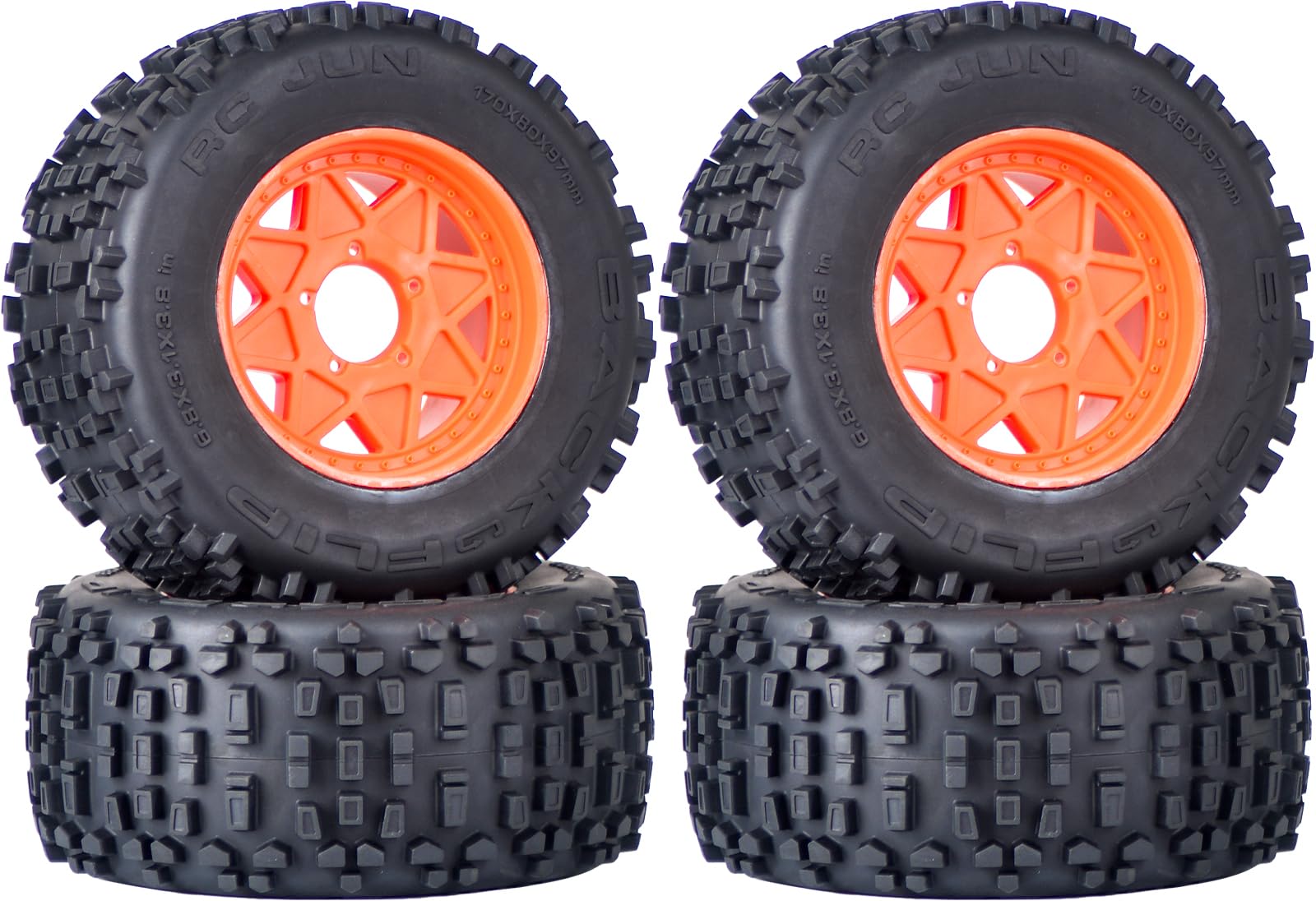 3.8" MT Monster Truck Tires with Foam Insert - 17mm/14mm/12mm Hex Adapters Included, Compatible with TRAXXAS Sledge, ARRMA KRATON, Outcast, Tamiya, HSP (Set of 4), Replacement Part of AR510092