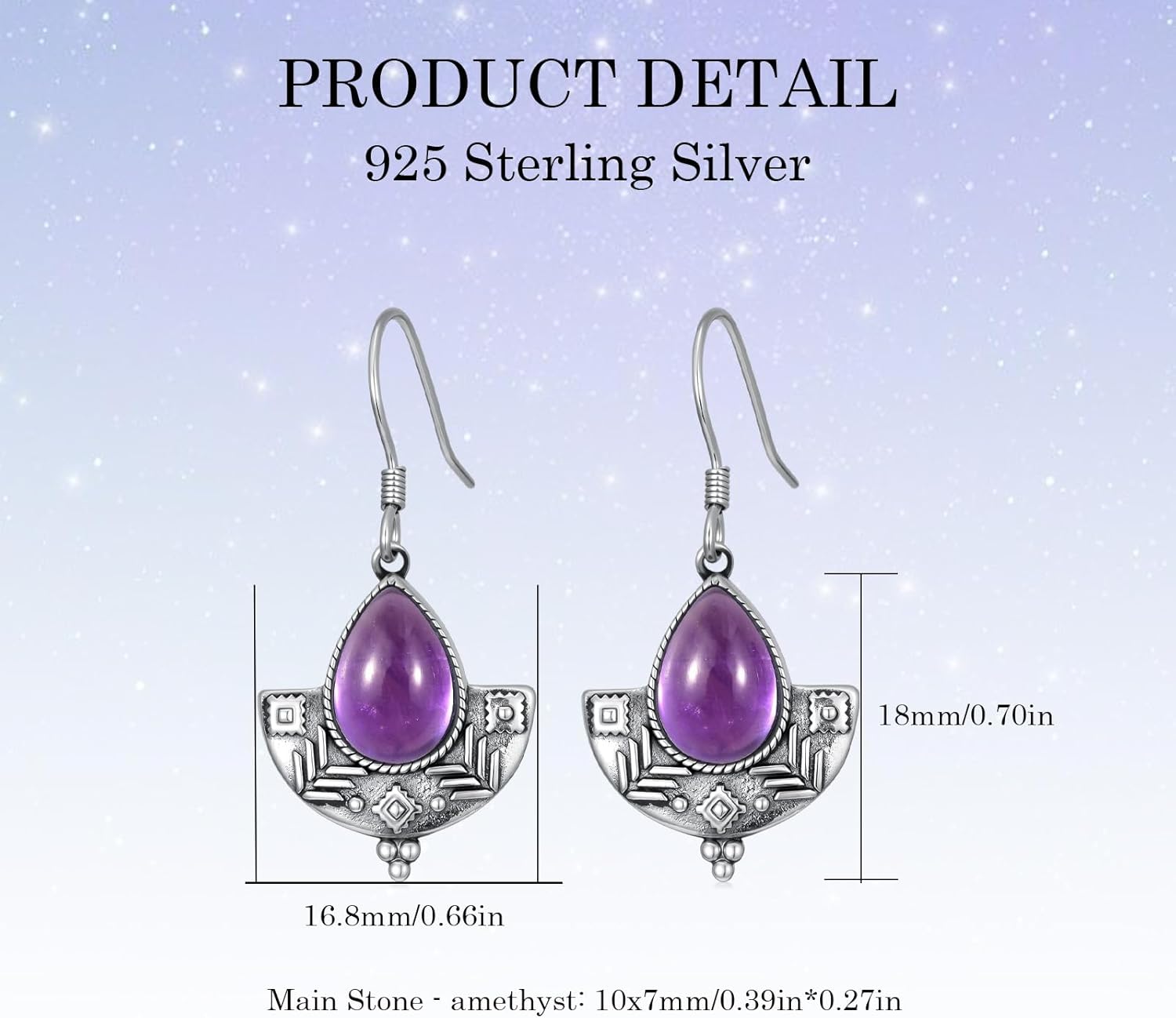 Natural Amethyst Vintage Tribal Dangle Earrings for Women, 925 Sterling Silver Teardrop Gemstone Earrings, Boho Ethnic Statement Jewelry Gift - Image 7