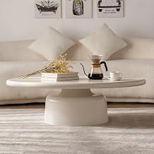 Cream White Oval Coffee Table 45.7" Drum Coffee Table with Pedestal