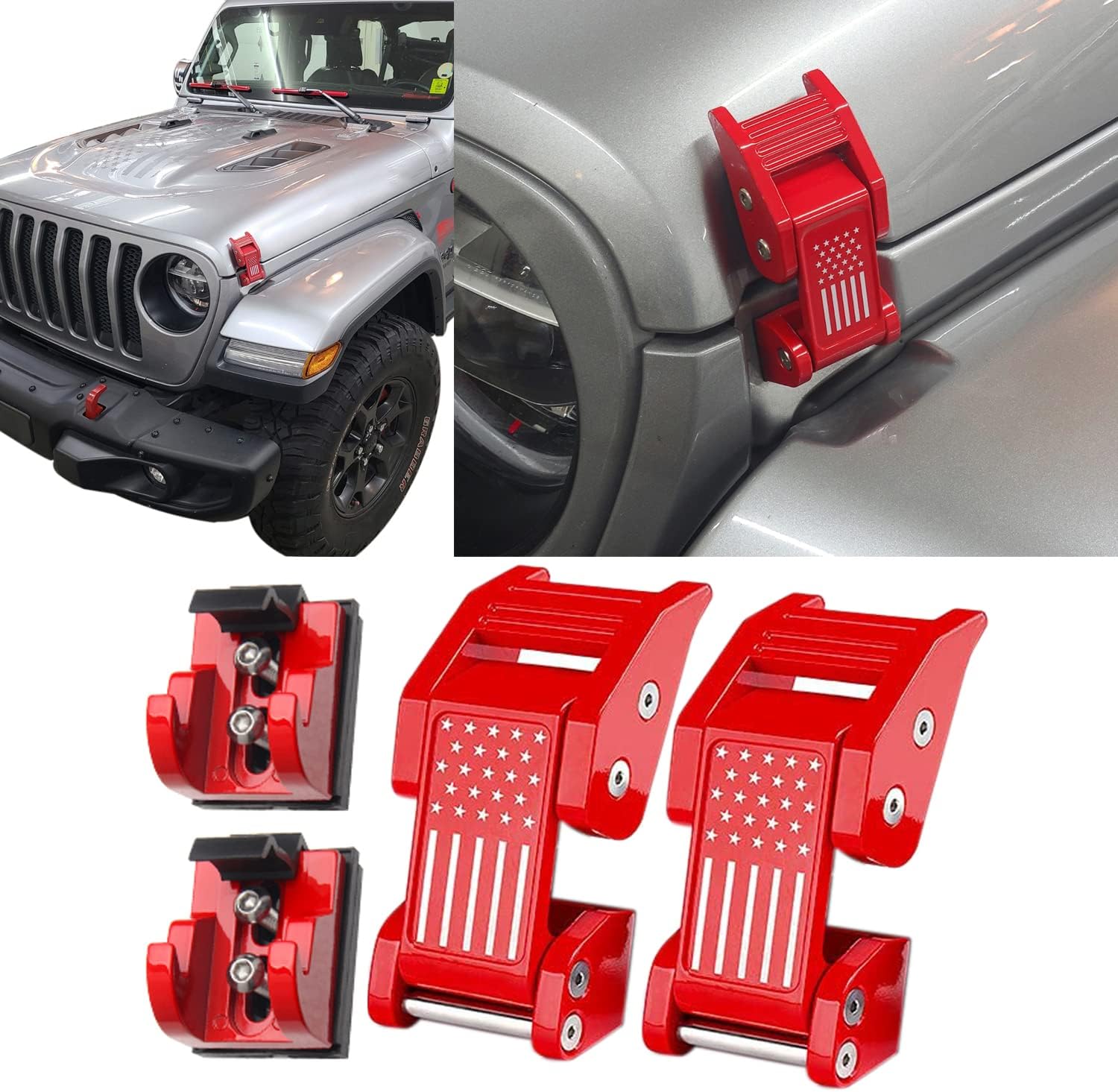 U.S. Flag Red Solid Aluminum Hood Latches Hood Catch Kits for Jeep Wrangler JK JKU JL JLU Rubicon Sahara Sport 2011-2021 2022