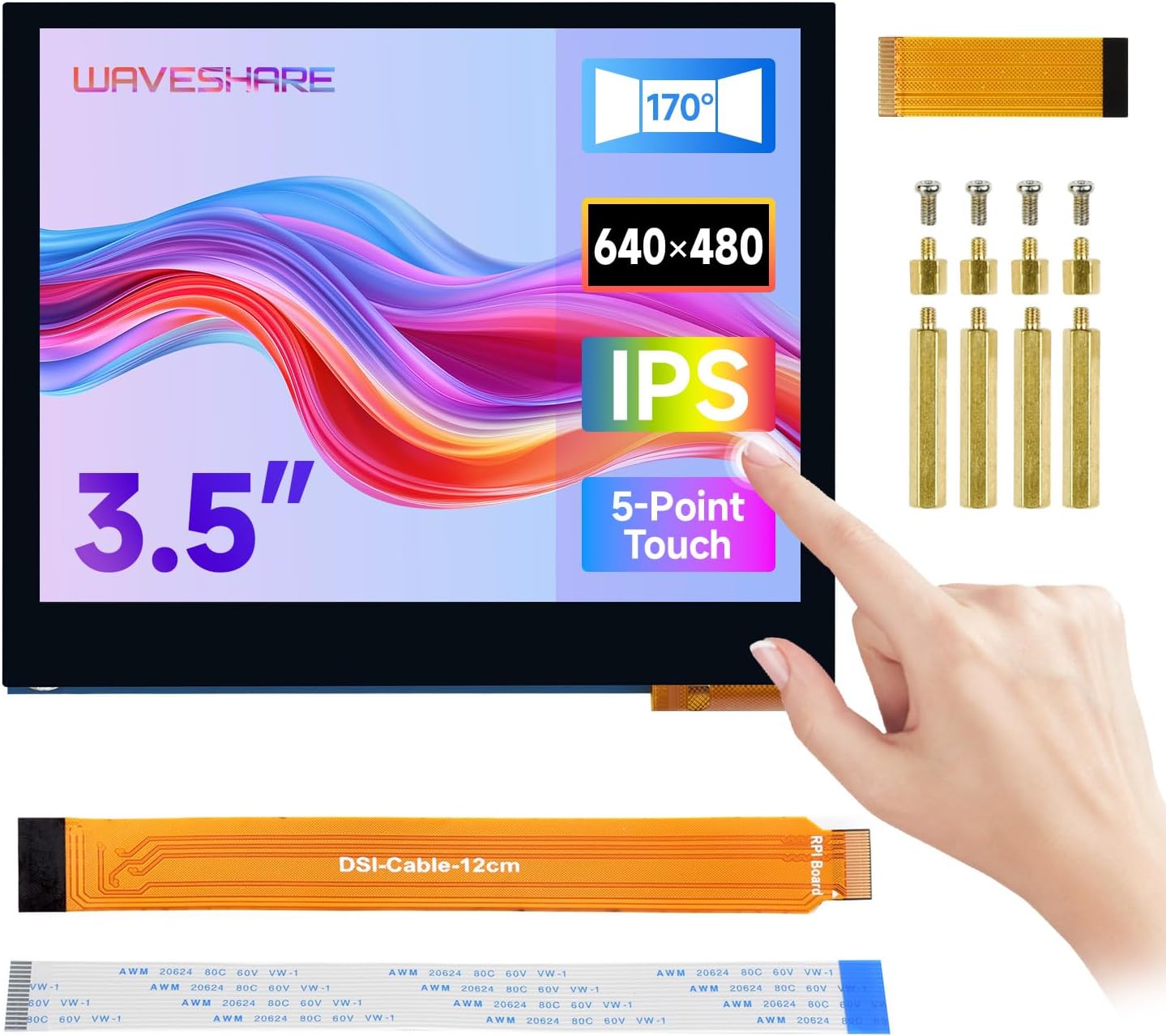 Waveshare 3.5inch DSI Capacitive Touch Display, Compatible with Raspberry Pi 5/4/3B+ Series Boards, 5-Point Touch, 640 × 480 Pixels, IPS Display Panel