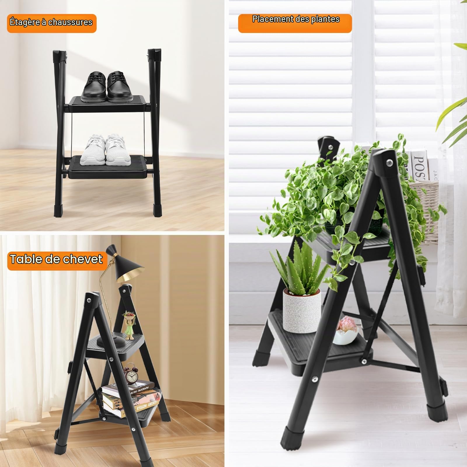 Escabeau 2 Marches, Marche Pied Pliable avec Pédales Élargies et Pieds Antidérapants, Échelle Marchepied Robuste pour Maison, Cuisine, Bureau, Intérieur, Extérieur, Noir