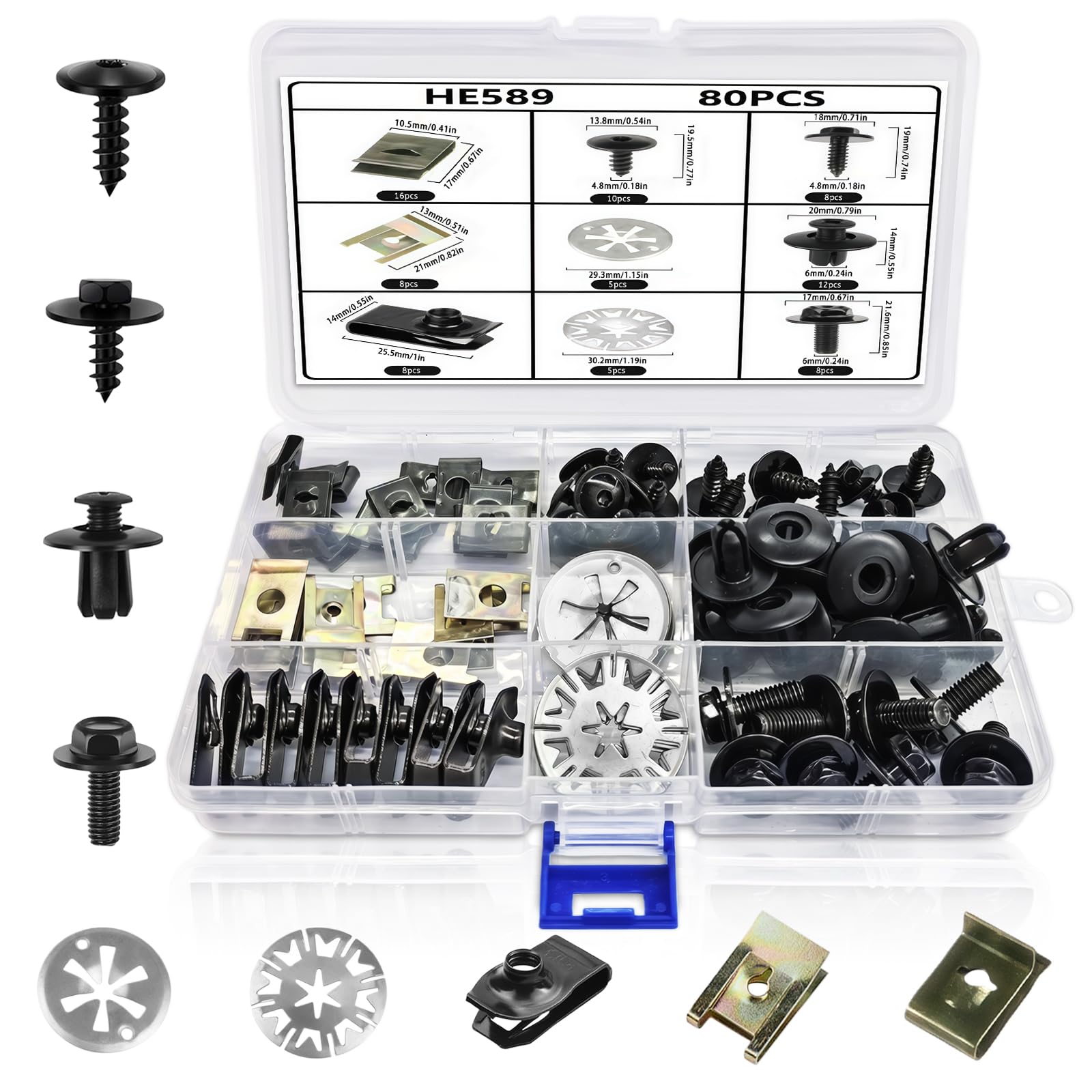 Flintronic 80 Pcs Car Screw and Nut Clips Kit, Automotive Panel Clips, Car Body Trim Clips, Metal U Type Fastener Clip with Exhaust Heat Shield Repair Components for Bumper Trim Undertray Fender