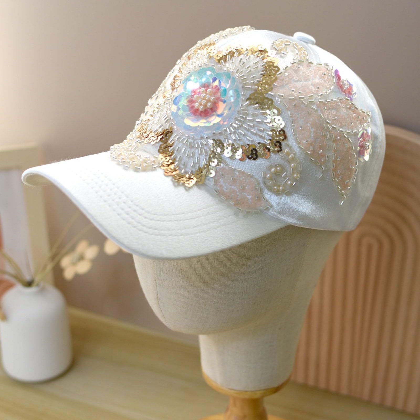 Cappellino Da Baseball Da Donna Con Paillettes Scintillanti Ricamo Floreale Paillettes Glitterate Moda Regolabile Estivo in Raso Cappello Da Sole
