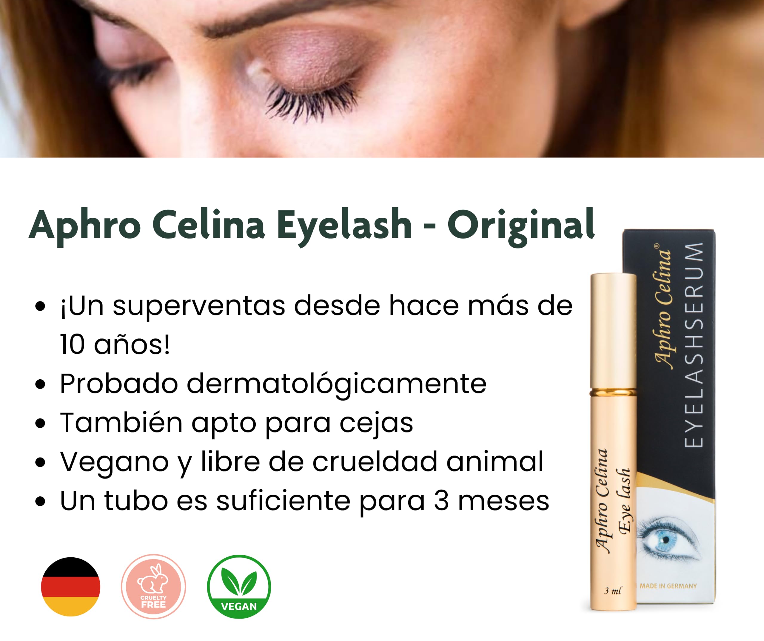 Aphro Celina Sérum para Pestañas, 3 ml, Natural, sin Hormonas, para Crecimiento y Cuidado de Pestañas