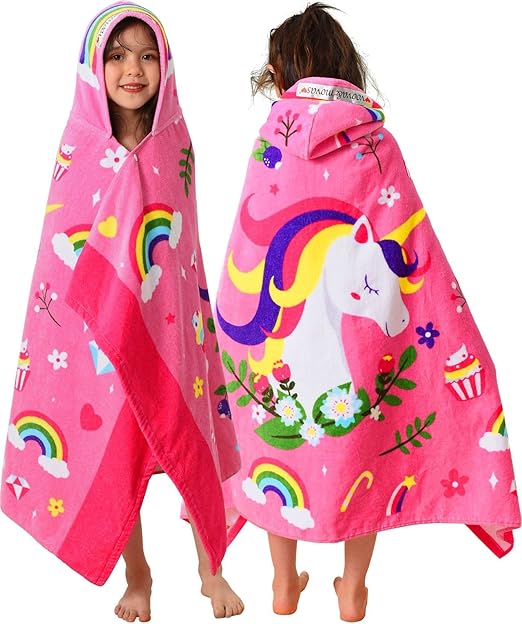 VOOVA & MOVAS Hooded Towels for Kids 3-10 Years, 30''X50, Soft Thick Cotton | Absorbent Beach, Bath, Pool Swim Towels | Cover up for Girls | Pink Floral Unicorn