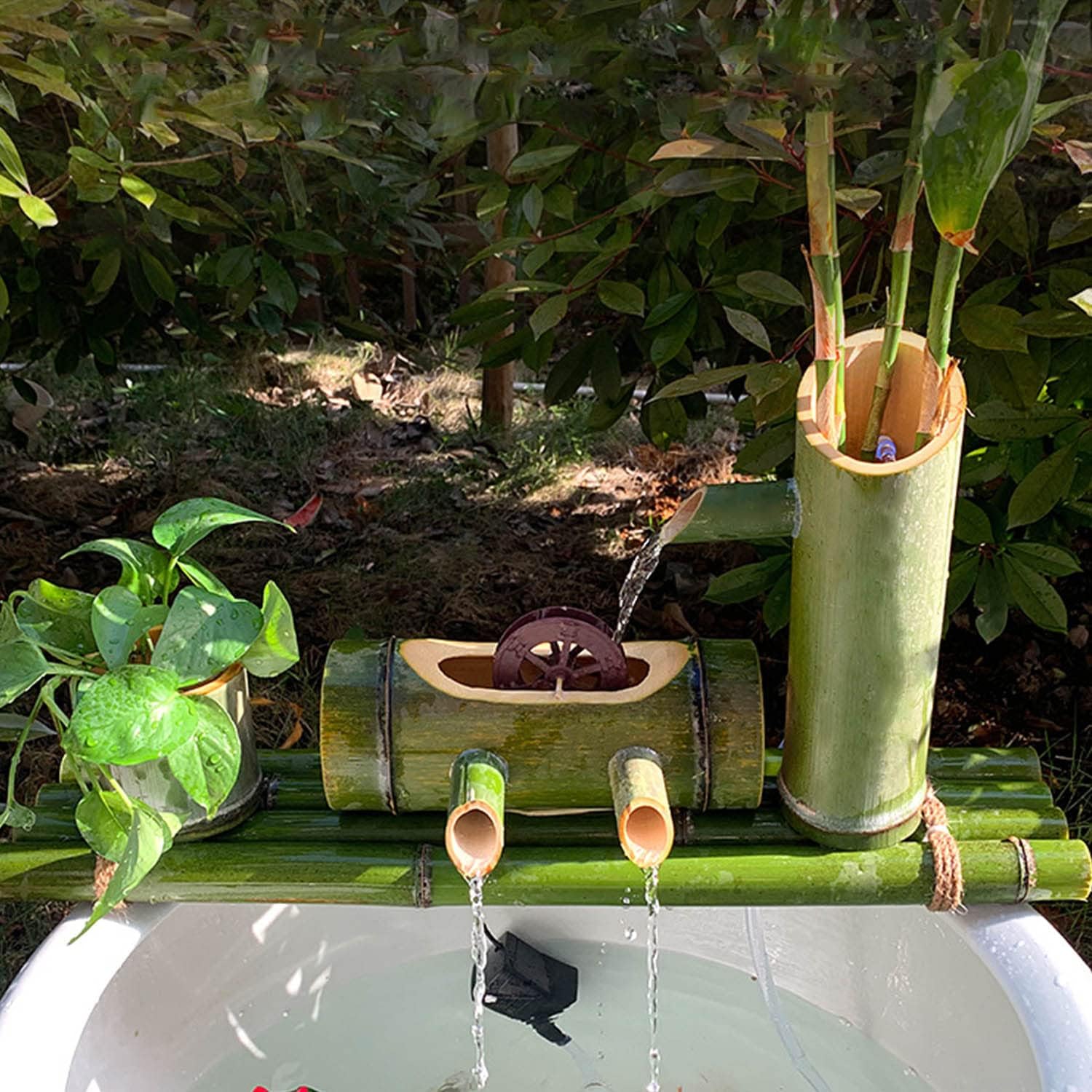 Relaxing Tabletop Waterfall Fountain, Handcrafted Bamboo Water Fountain with Water Wheel, Natural Bamboo Decor for Indoor and Outdoor Garden Fountain,40cm