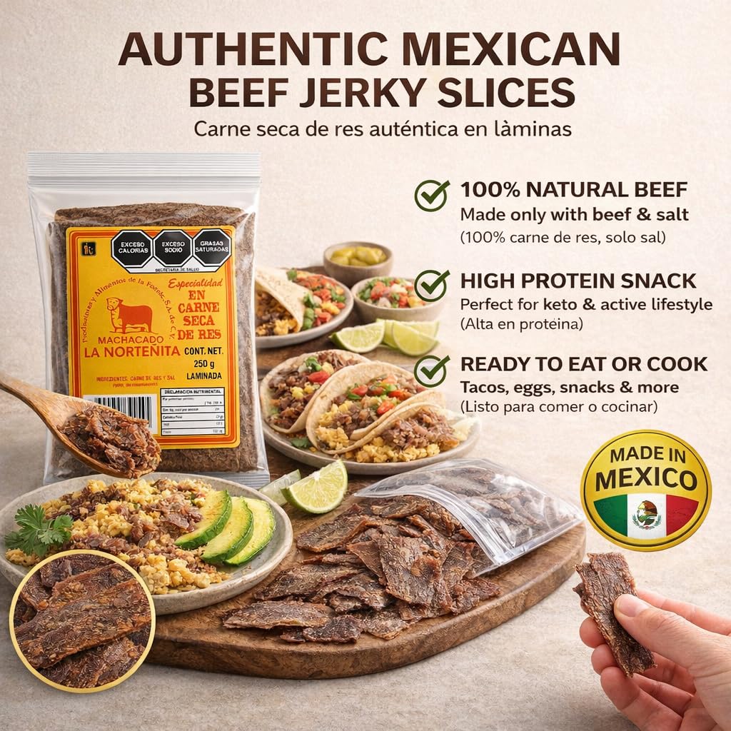 Sliced Beef Jerky LA NORTENITA Machacado Carne Seca de Res Laminada 250g (8.8 oz) Authentic Mexican Dried Beef Thin Cut High Protein Snack Traditional Flavor Ready to Eat Keto Friendly Mexican Food