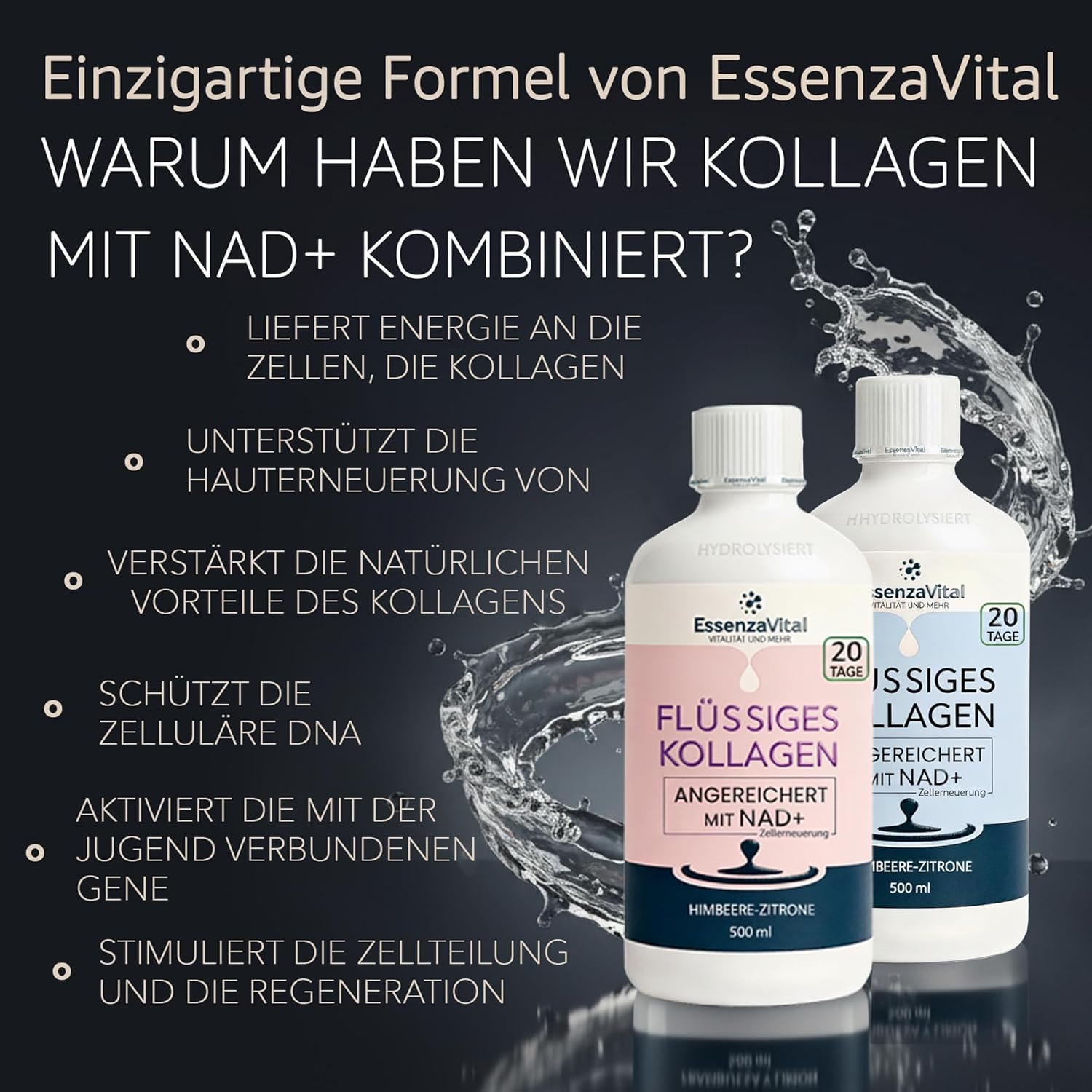 Flüssiges Kollagen Duo-Pack, 13 g reines Kollagen (13.000 mg) mit NAD+, 1 Mann + 1 Frau und Hyaluronsäure, trinkbares hydrolysiertes Rinderkollagen, maximale Dosis, EssenzaVital