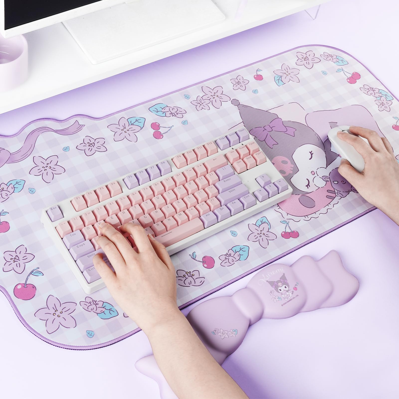 Kuitmor KLM Flower Dream - Set di tappetino per mouse Kawaii con poggiapolsi e poggiapolsi antiscivolo in memory foam con fiocco per tastiera e mouse, perfetto per giocare o lavorare a casa, in