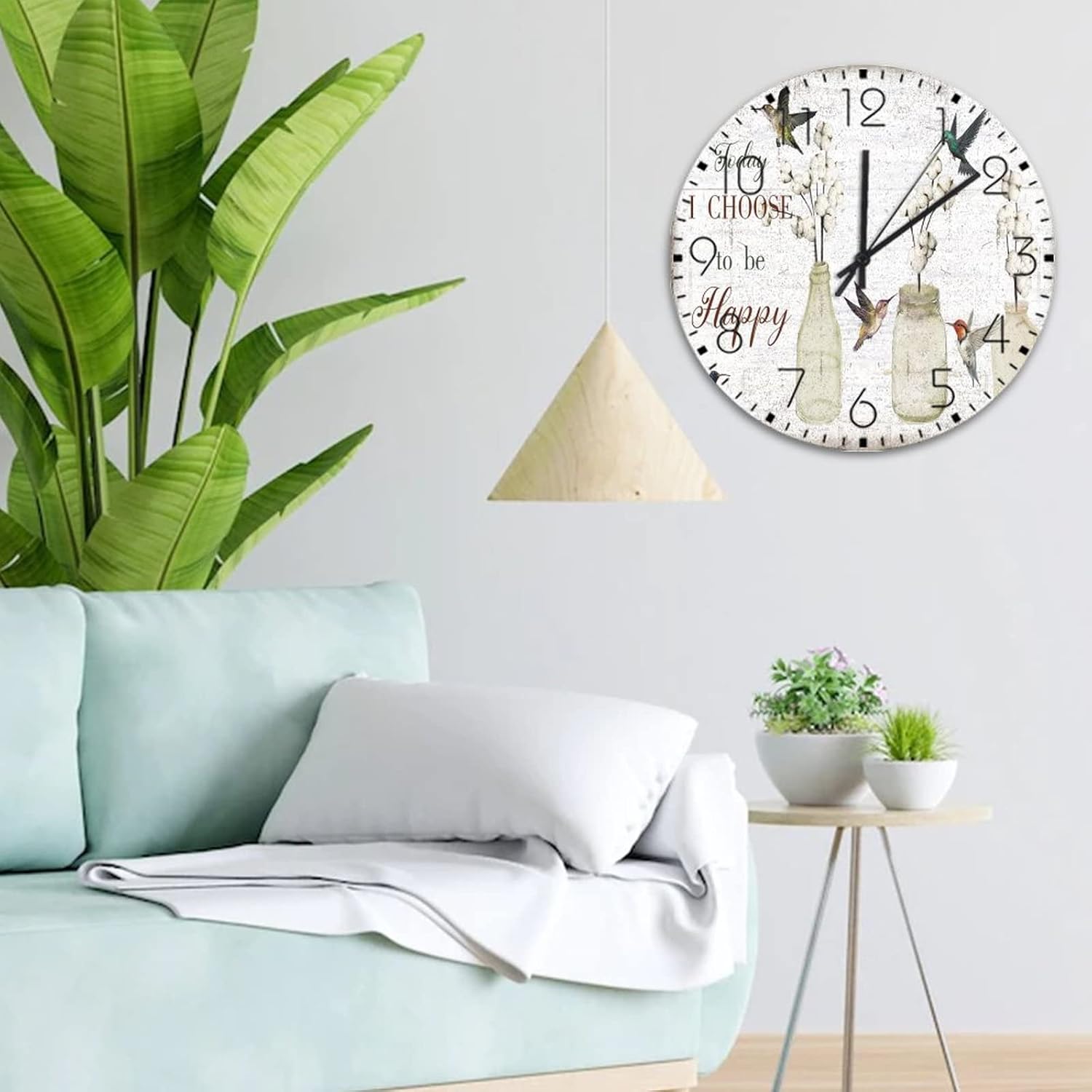 15" Wooden Wall Clock Today I Choose Be Happy Wall Decor for Bathroom Farmhouse Cotton Blooms Floral Hummingbird Wall Clocks Silent Non-Ticking Wooden Wall Clock Country for Dining Room Restaurant