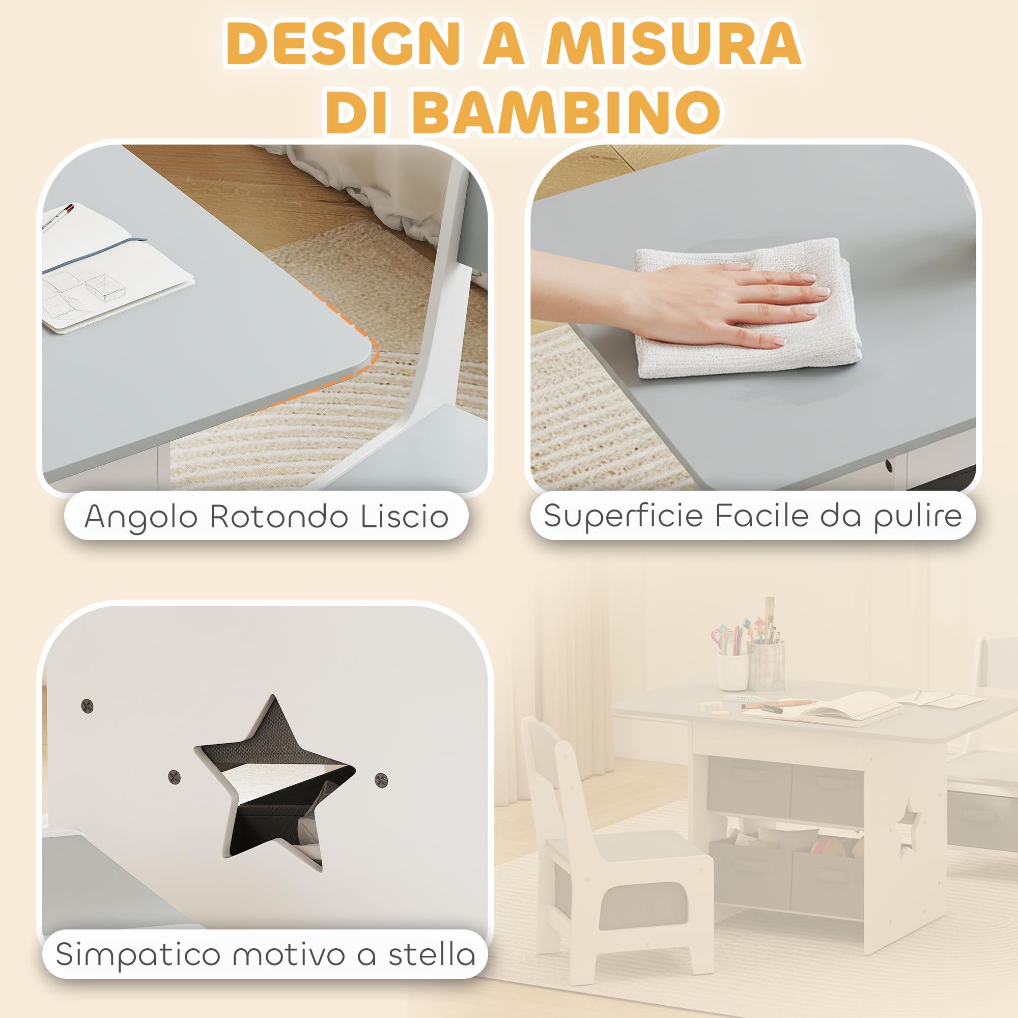 AIYAPLAY Set Tavolo e 2 Sedie per Bambini 3-8 Anni con 6 Cassetti Pieghevoli, Tavolino per Bambini con Sedie in Legno e Contenitori Portaoggetti in Tessuto non Tessuto, per Cameretta, Grigio e Bianco
