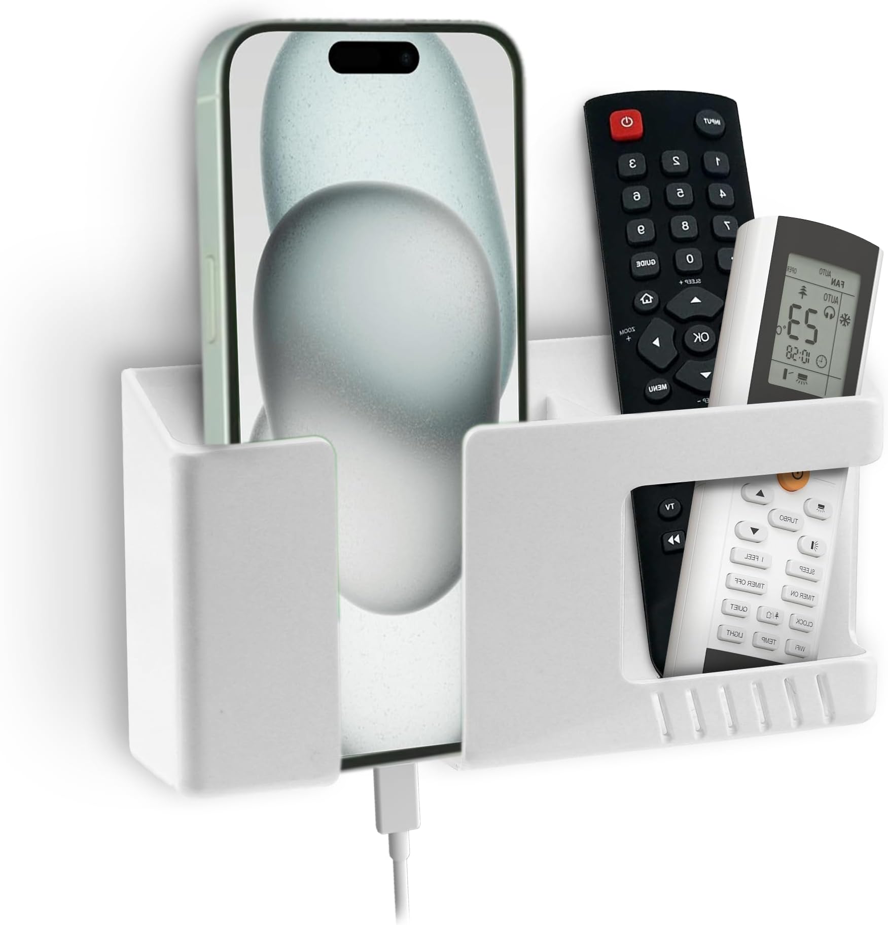 Tensea Acrylonitrile Butadiene Styrene Multifunctional Wall Mounted Mobile Holder with Remote Control Storage,Key Hanger & Pen Organizer Self-Adhesive, Space Saving Accessories for Every Room (White)