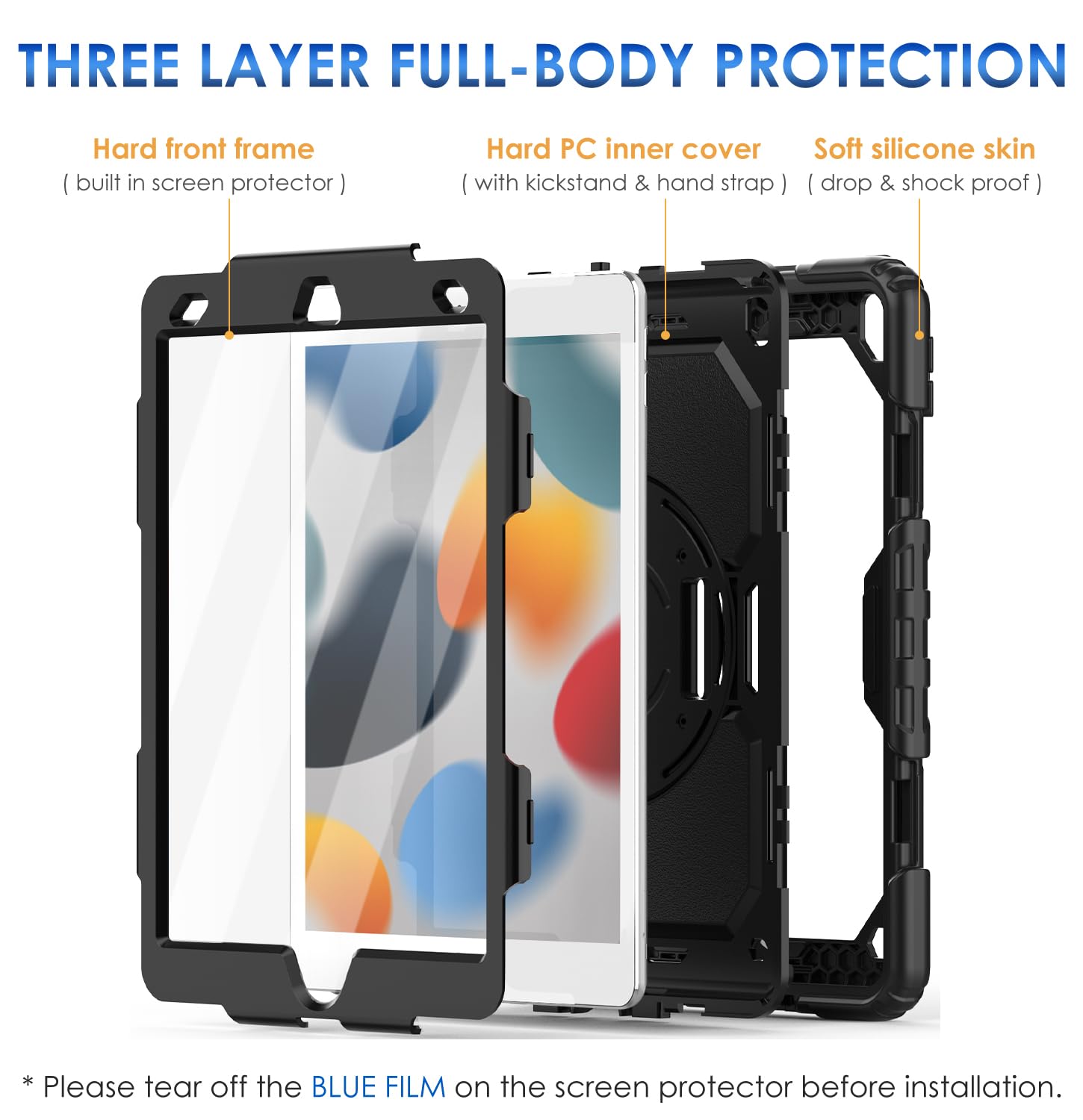 DAORANGE Custodia Cover per iPad 9a / 8a / 7a Generazione (iPad 10,2 Pollici 2021/2020/2019), Custodia Antiurto con Pellicola Protettiva, Supporto Girevole a 360°, Cinturino a Mano e Tracolla (Nero)