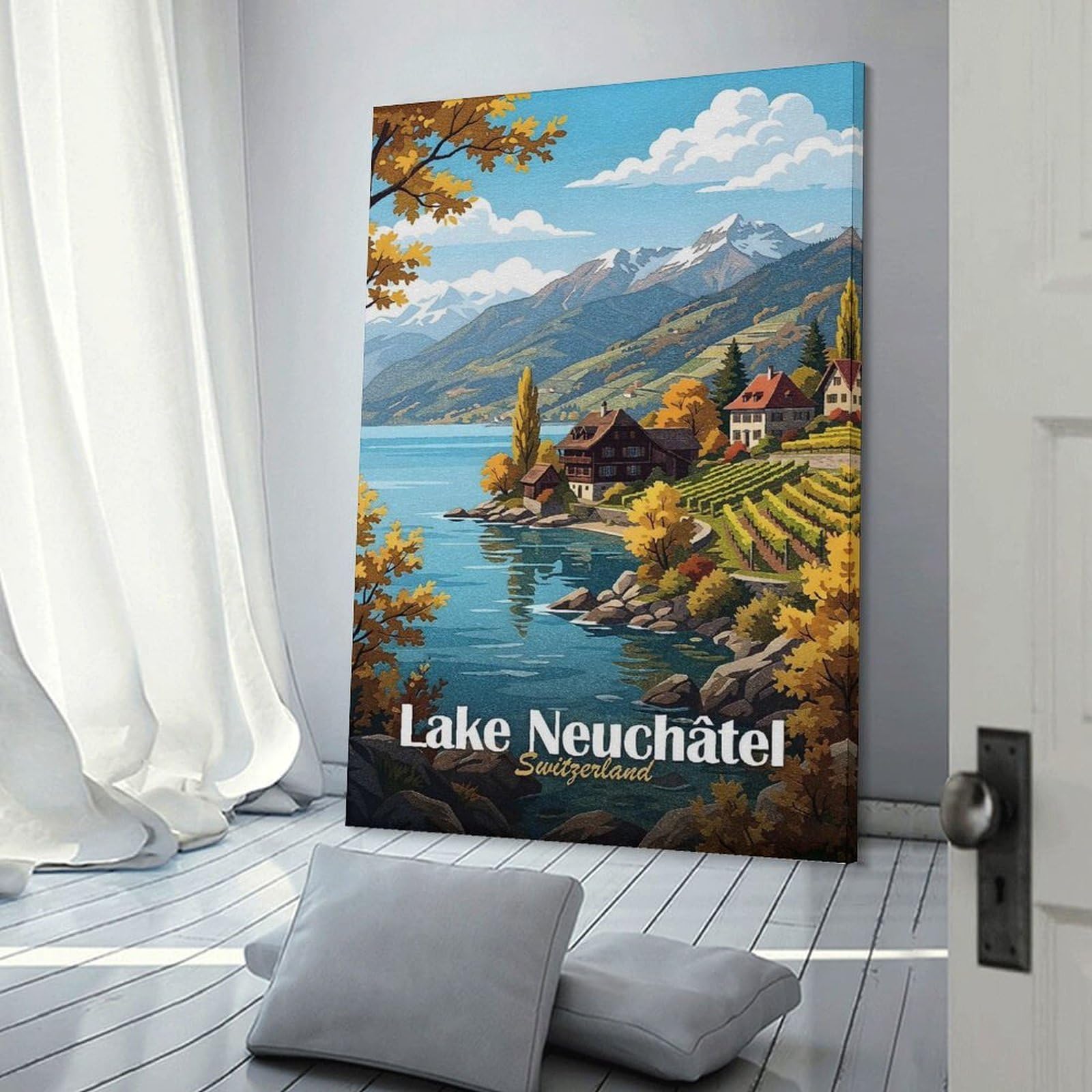 Junmoney Canvas Wall Picture Lake Neuchâtel, Switzerland Travel, 24x36inch(60x90cm), for Calm Bedrooms, Home Corners Or Flats, Decorative Wall Art for Cosy Rooms