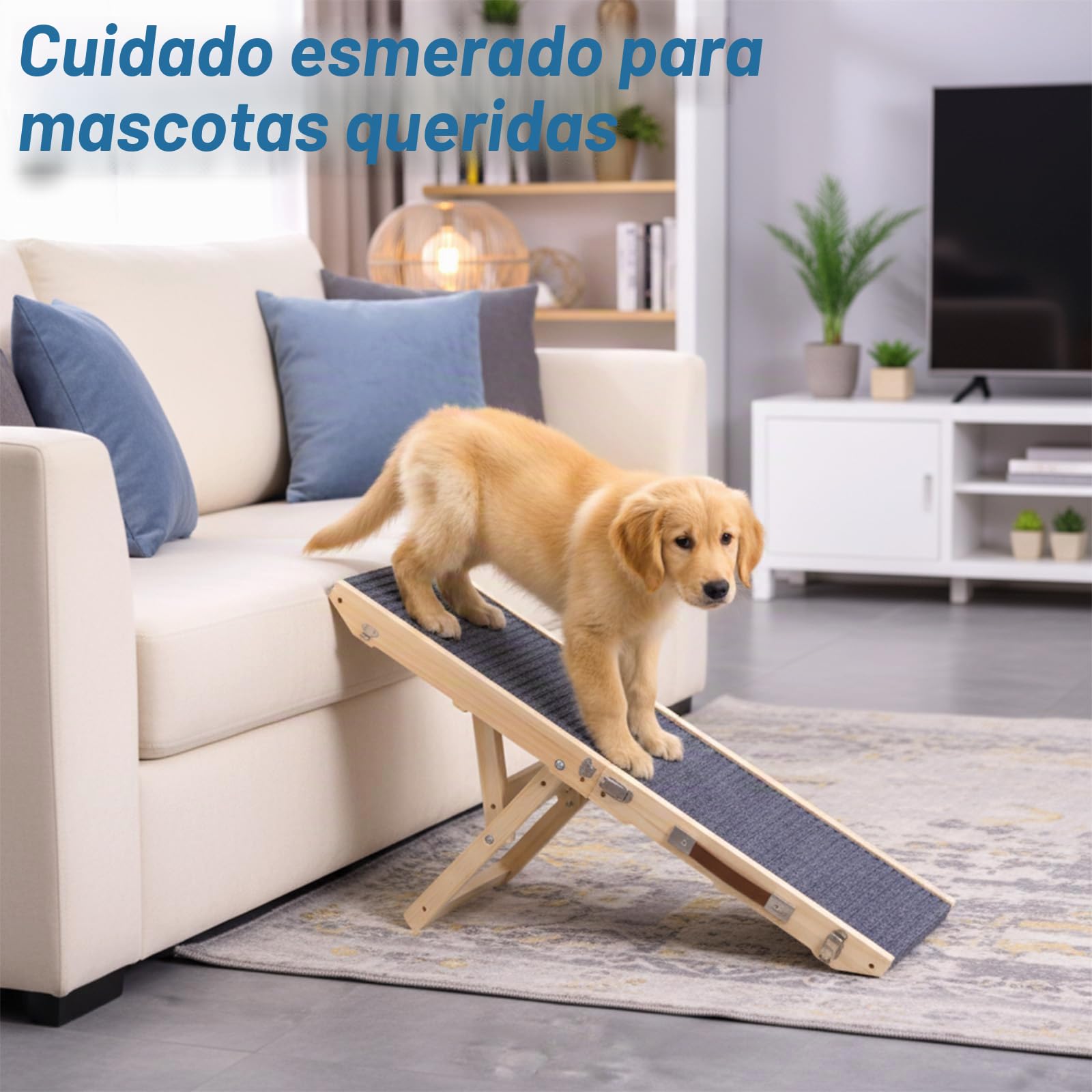 Rampa para perros de madera, Escalera para perros de 4 peldaños Ajustable de 24,5 cm a 45 cm, Rampa para perros con cojín antideslizante para sofá, coche, cama, Rampas para perros plegables
