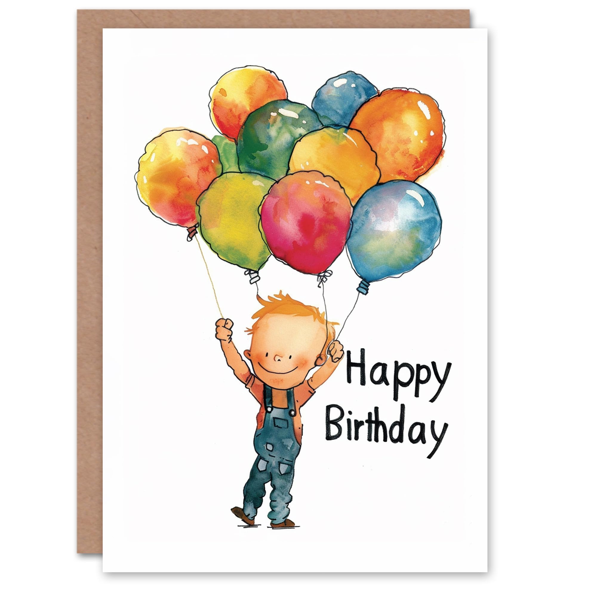 Artery8 Birthday Card Boy Balloons Cute Watercolour Drawing For Child Kids Son Daughter Greeting Card