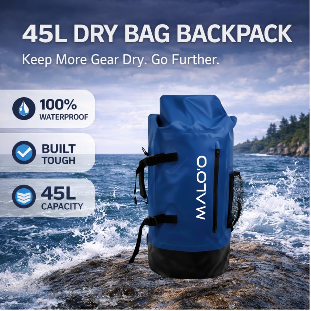 Malo'o 45L Wasserdichter robuster Rucksack für Kajakfahren, Camping, Angeln, Wandern, Tagesrucksack – Strandzubehör, Bootszubehör und Reiseausrüstung – Angelrutenkoffer, grau, 45L US, 45 l