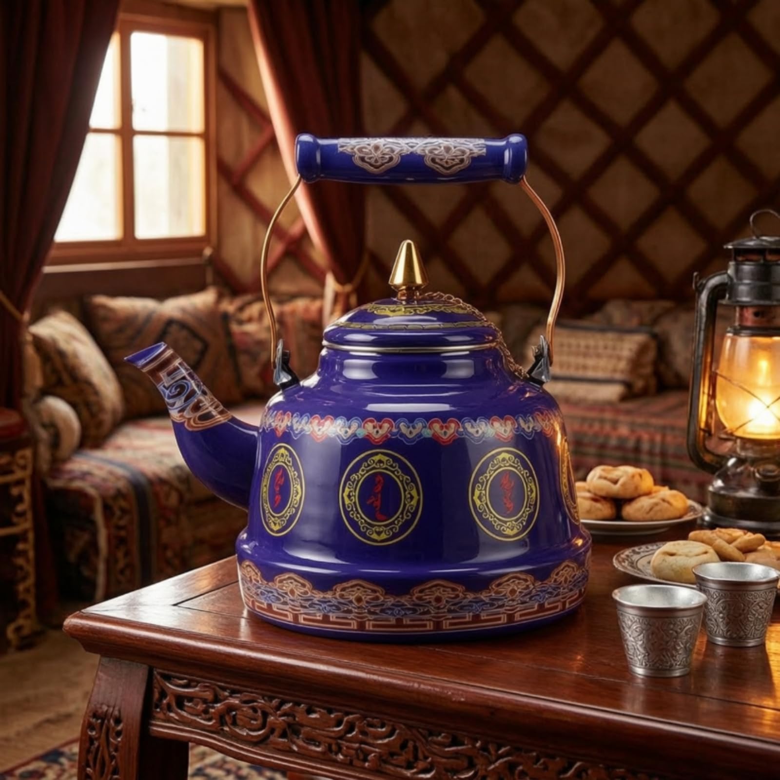 perfeclan Tetera de Esmalte Hervidor Jarra Recipiente para Bebidas con Mongoles y Dorados Cuerpo Amplio y Vertido Estable Adecuada para Infusiones Servicio de, 1.7 Litros