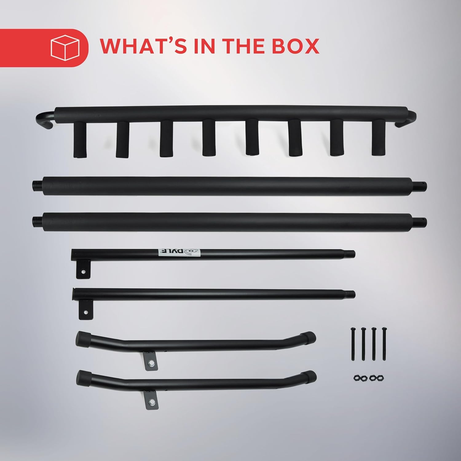 Components of the Pyle Multi-Guitar Stand including frame pieces, padded bars, and screws.