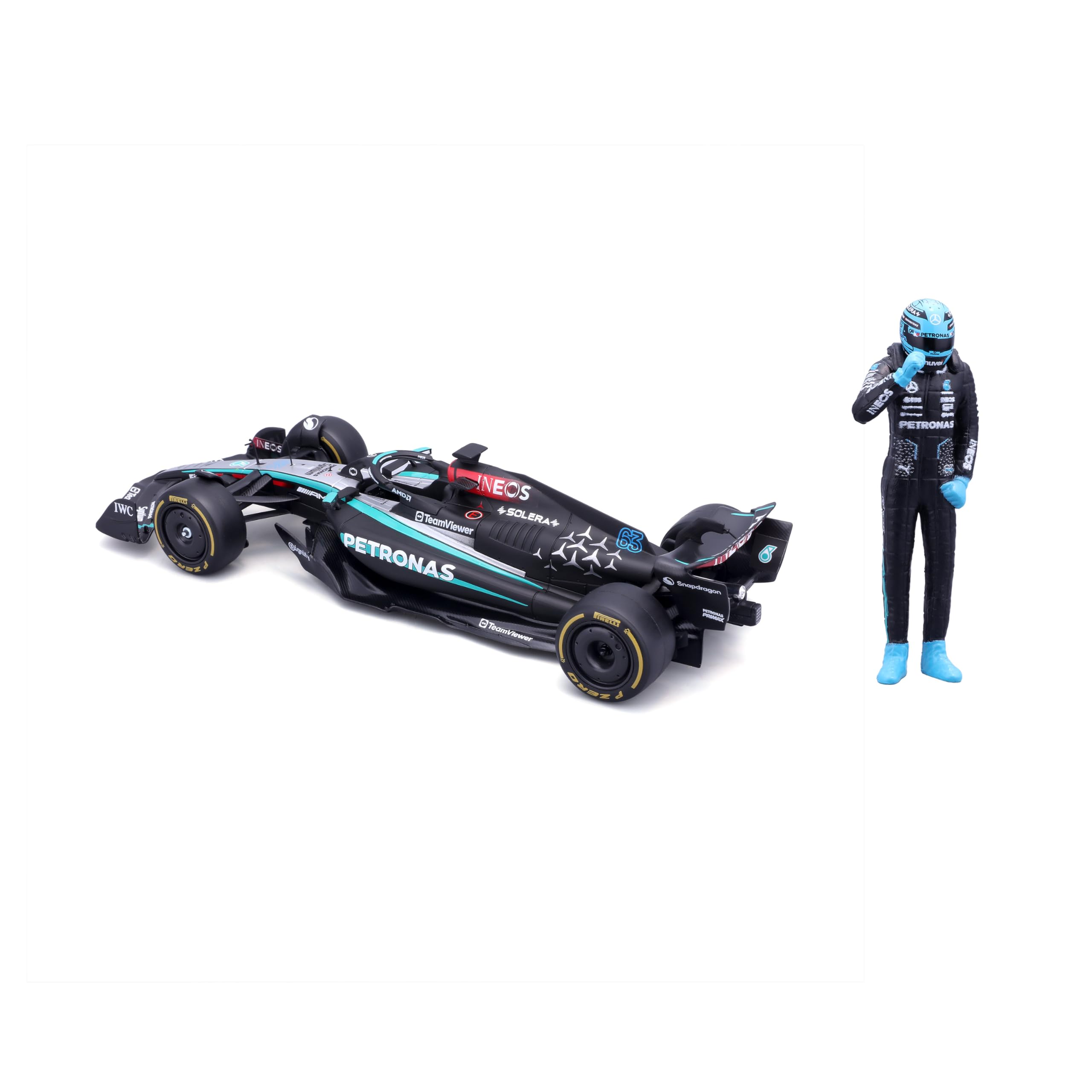 Bburago – Mercedes W15 Russell, Modelo de Coche a Escala 1:24, Figura del | Modelo F1 Mercedes W15 #63 Russell a escala 1:24 con figura, réplica detallada con licencia Mercedes, a partir de 14 años