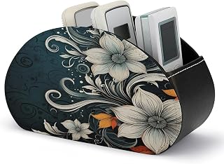 Novelty Boho Abstract Flowers Remote Control Holder PU Leather Remote Caddy Desktop Organizer Stylish Remote Storage Box with 5 Compartments for TV Remotes, Media Controllers, Office Supplies