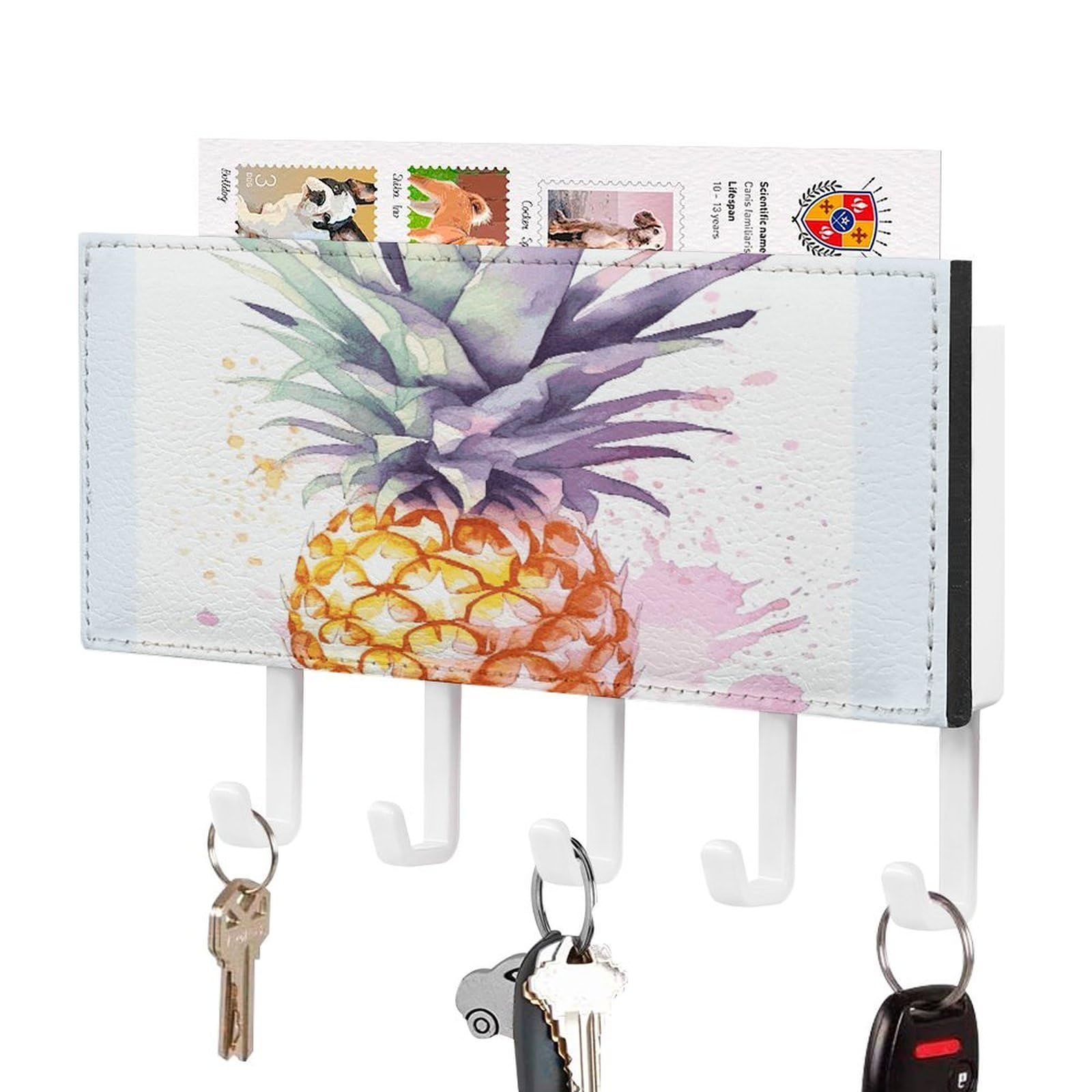 FekiLoot Pineapple Key Holder for Wall Decorative Mail Organizer with 5 Key Hook Self Adhesive Key Rack with Tray Coat Rack Wall Mount Key Hanger Decor for Entryway Door