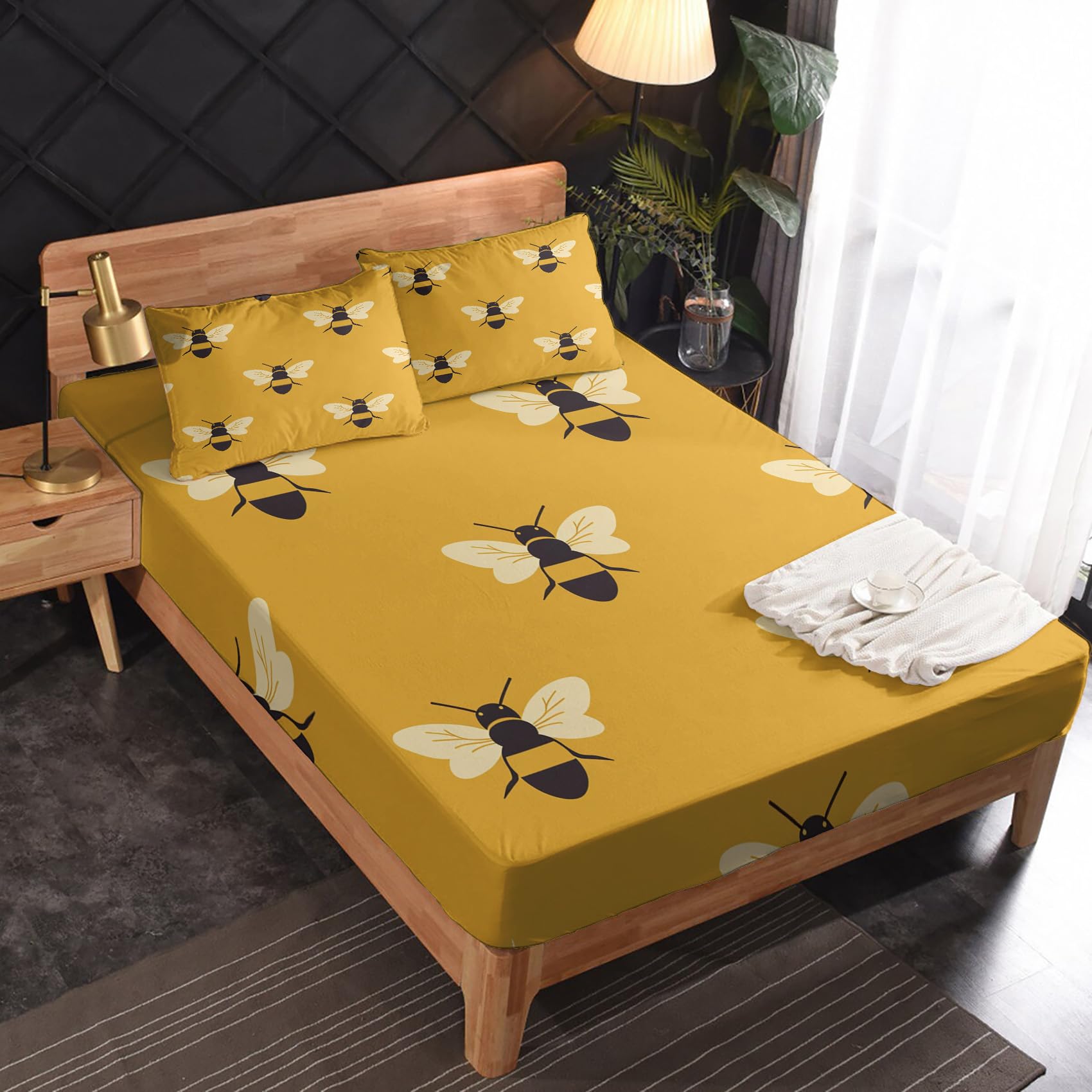 Zvynqour Bee Sheets California King Size - Insect Bed Sheets - Deep Pocket Fitted Sheets & Flat Sheets & Pillowcases 4 Piece Set - Bee Bedding & Decor - Soft Cosy Microfibe