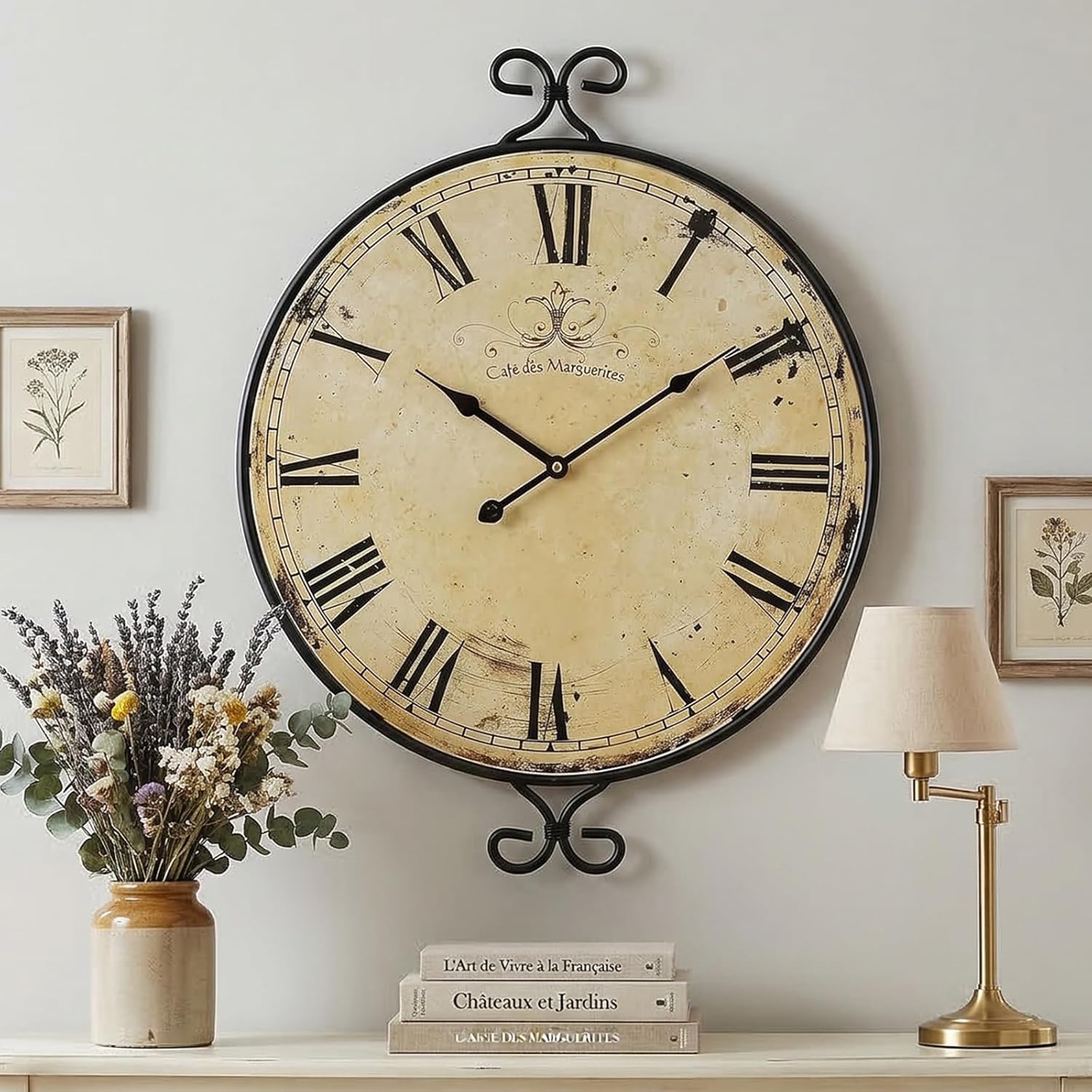 24 Inch Large Farmhouse Wall Clock, Wrought Iron Frame with Warm Gray Finish, Silent Battery Operated Wall Clock for Living Room Kitchen Bedroom
