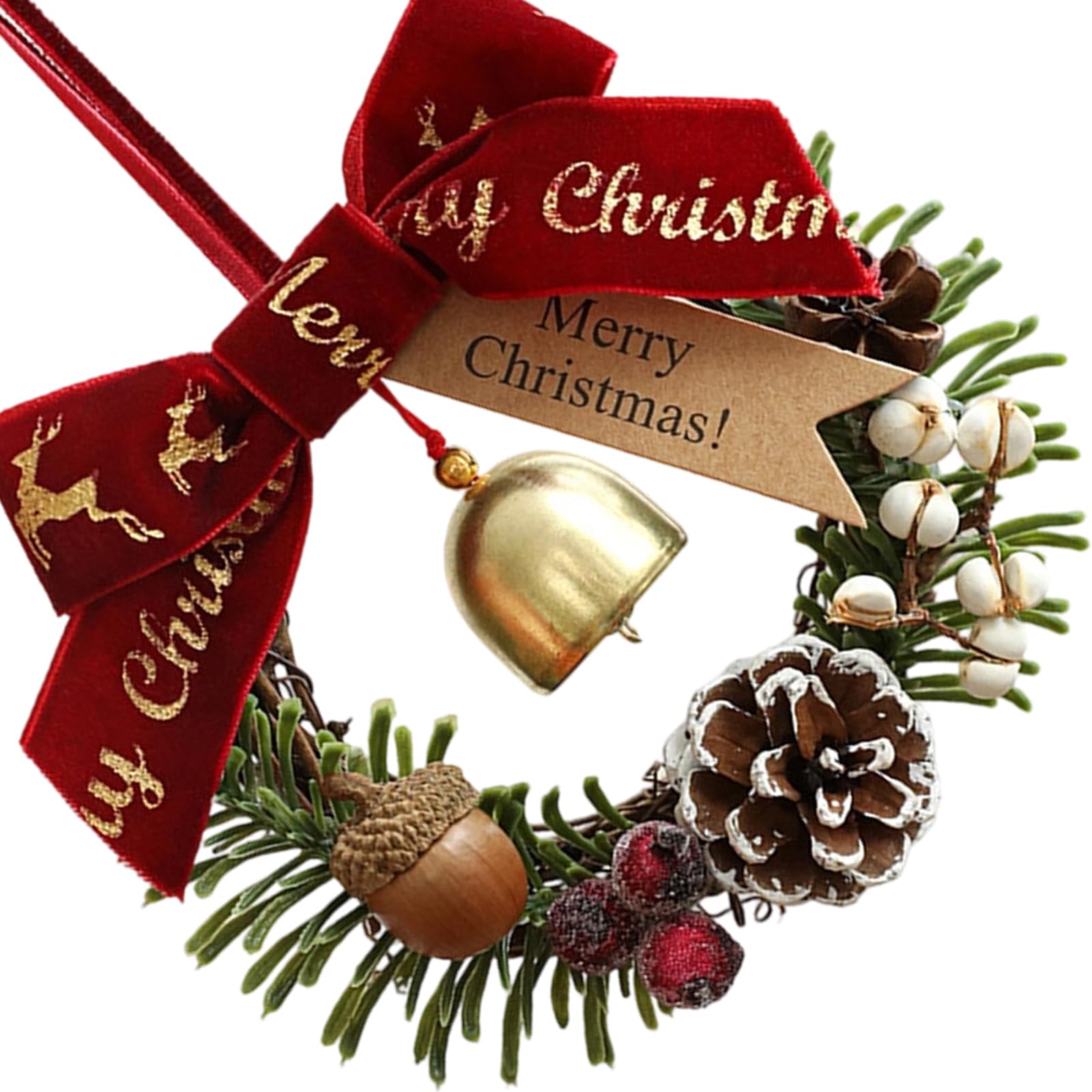KAQNTUD Elegant Miniature Christmas Wreath with Idyllic Pine Cones Golden Bell and Velvet Bow Christmas Decoration for Indoor and Outdoor Christmas Gift Ideas Festival