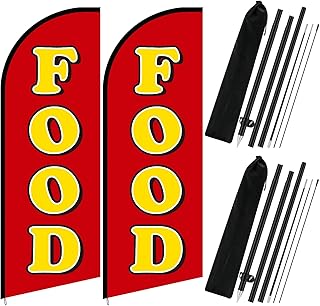 2 Set Food Sign Feather Flag Decorations 7 ft for Business Advertising Food Flag Banner & Pole Kit for Storefronts, Retailers, Shops, Restaurants, Diners, Snack Trucks, Markets