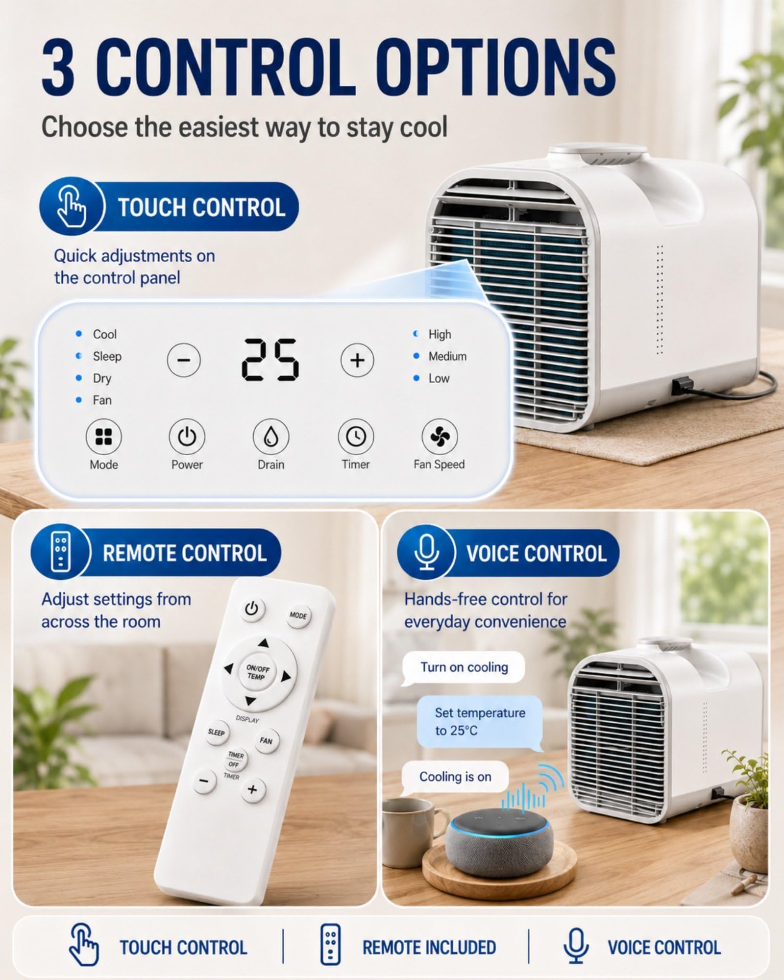 Climatizador con Tubo de Evacuación 1400W/5000BTU | Potencia Nominal 600W, Panel Táctil para Tiendas, Autocaravanas, Caravanas, Oficinas