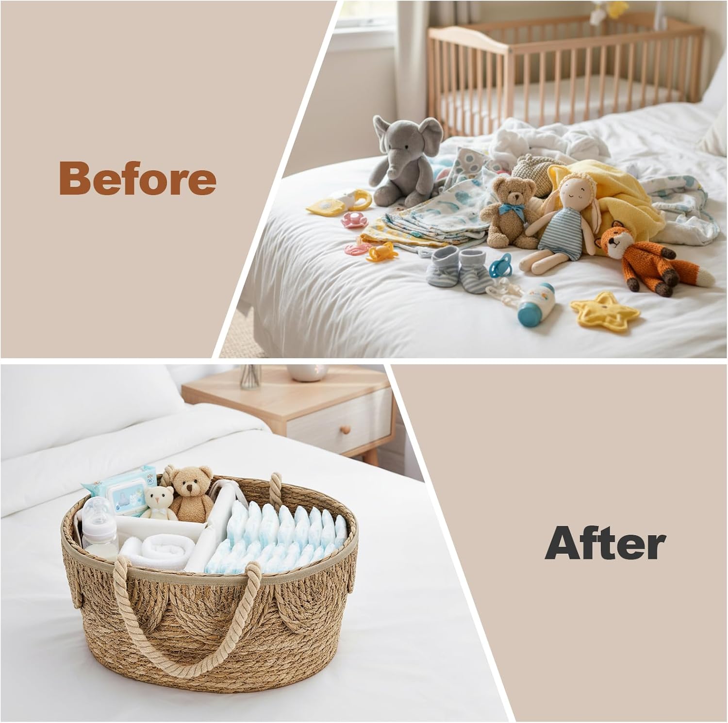 Lawei Little Diaper Caddy Organizer, Handwoven Natural Rush Grass Nursery Baby Basket with Removable Cotton Divider, Portable Rattan Diaper Storage Basket Bin for Changing Table, Baby Shower Gifts