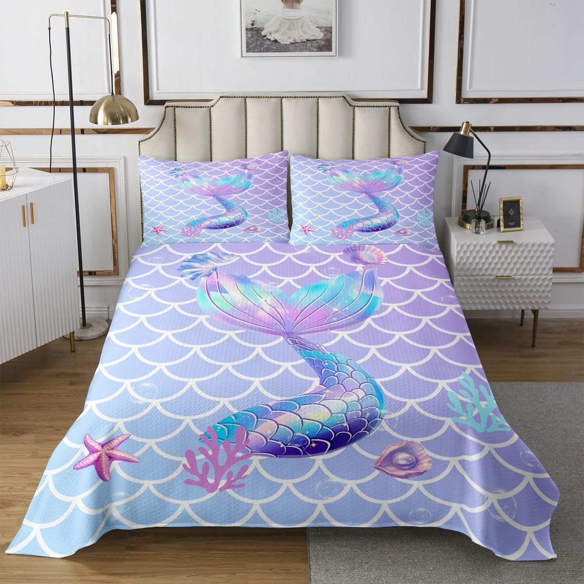 jejeloiu Mermaid Bedspread Quilts Fish Scales Coverlet Set King Size for Kids Boys Girls Rainbow Princess Quilted Coverlet for All Season with 2 Pillowcases Ocean Life Sea Animal Microfiber