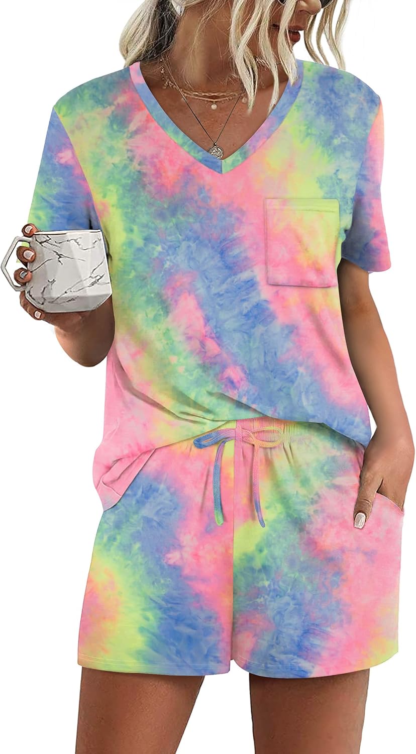 RUBZOOF Women's Short Sleeve Pajama Sets with Pockets Casual V Neck 2 Piece Lounge Sets S-3XL