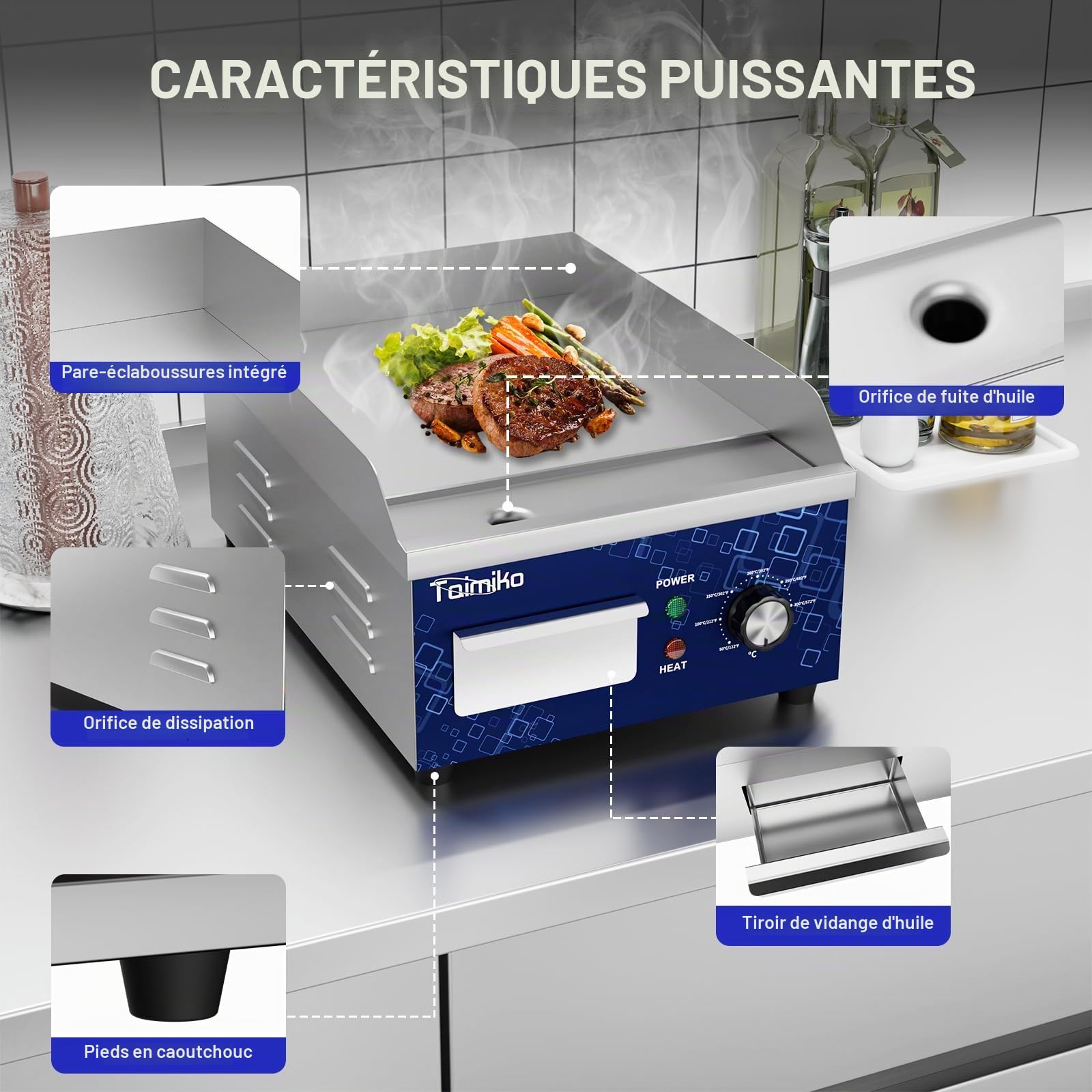 TAIMIKO Plancha Électrique Professionnelle Plaque de barbecue en Acier Inoxydable Plaque de Gril en Fonte lisse 50-300 ℃