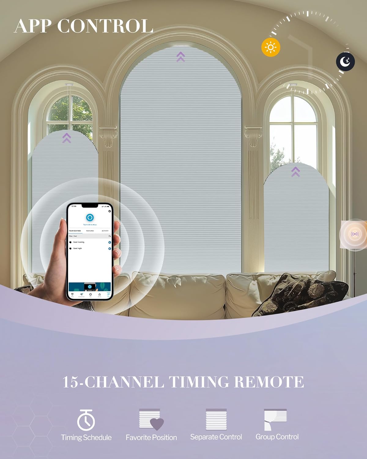 Graywind Smart Arched Blinds Compatible with Alexa Google Motorized Elongated Perfect Arch Shades Solar Powered, Customized for Odd-Shaped Window (Blackout White)