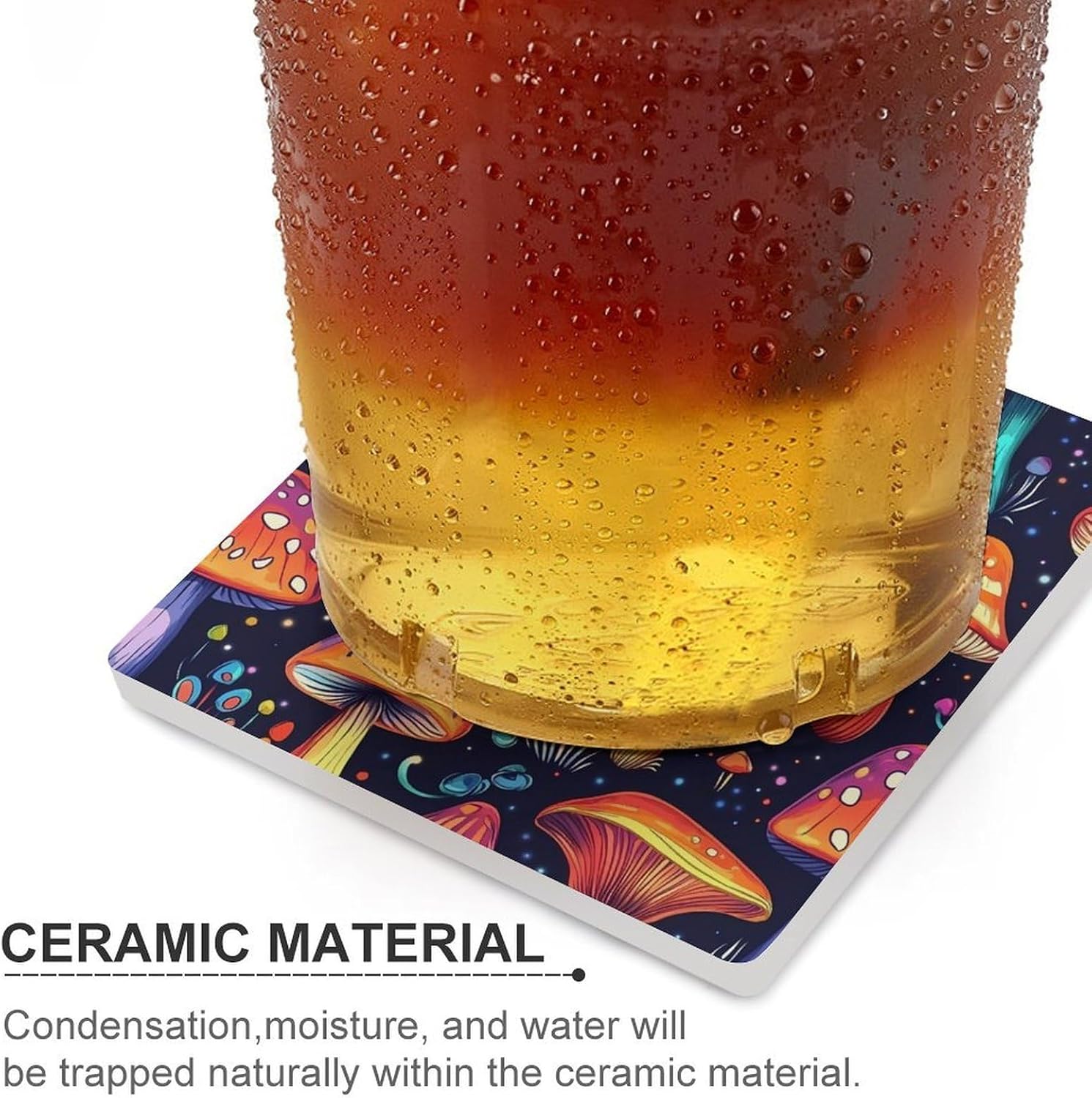 Psychedelic Mushroom Coasters for Drinks Square Table Coasters Set Cup Mats with Cork Base