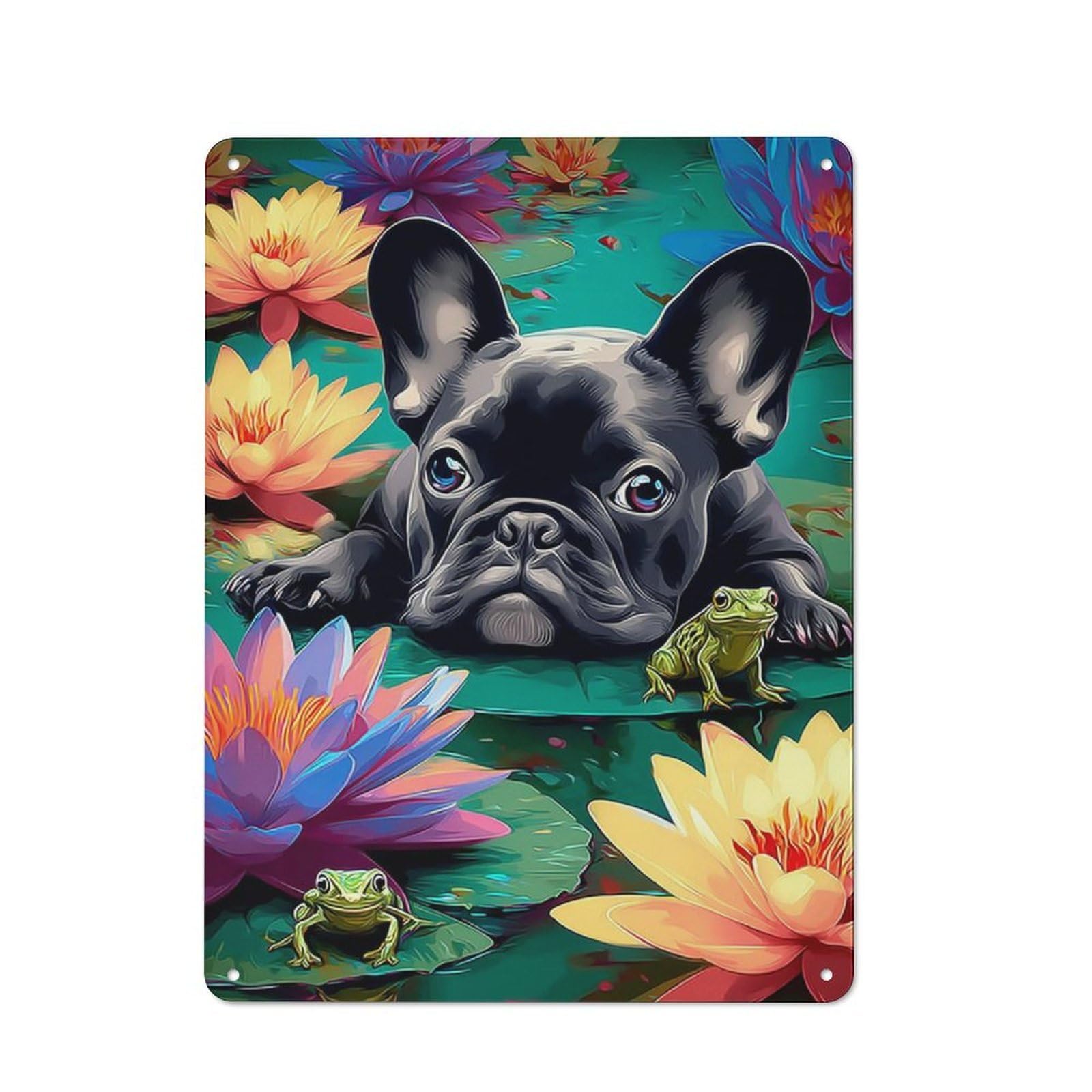 Junmoney French Bulldog And Frogs In A Pond Modern Vintage Metal Desk Wall Sign 40X30cm, Office Wall Decor For Office, Study, Studio Or Hallway