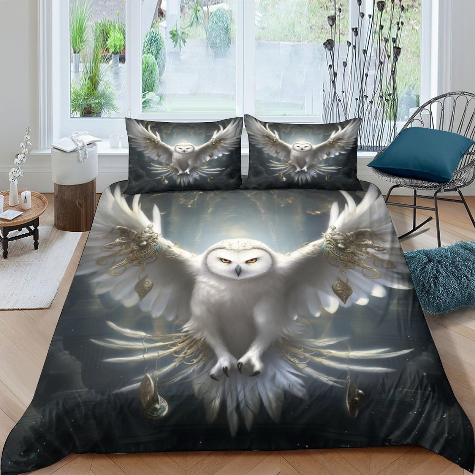 Housse de couette chouette blanche microfibre respirante et super douce 200x200cm