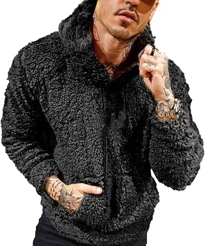 Mens Drawstring Hoodies Fluffly Plusha Loose Pullover Solid Color Sport Sweatshirt with Kanga Pocket Long Sleeve