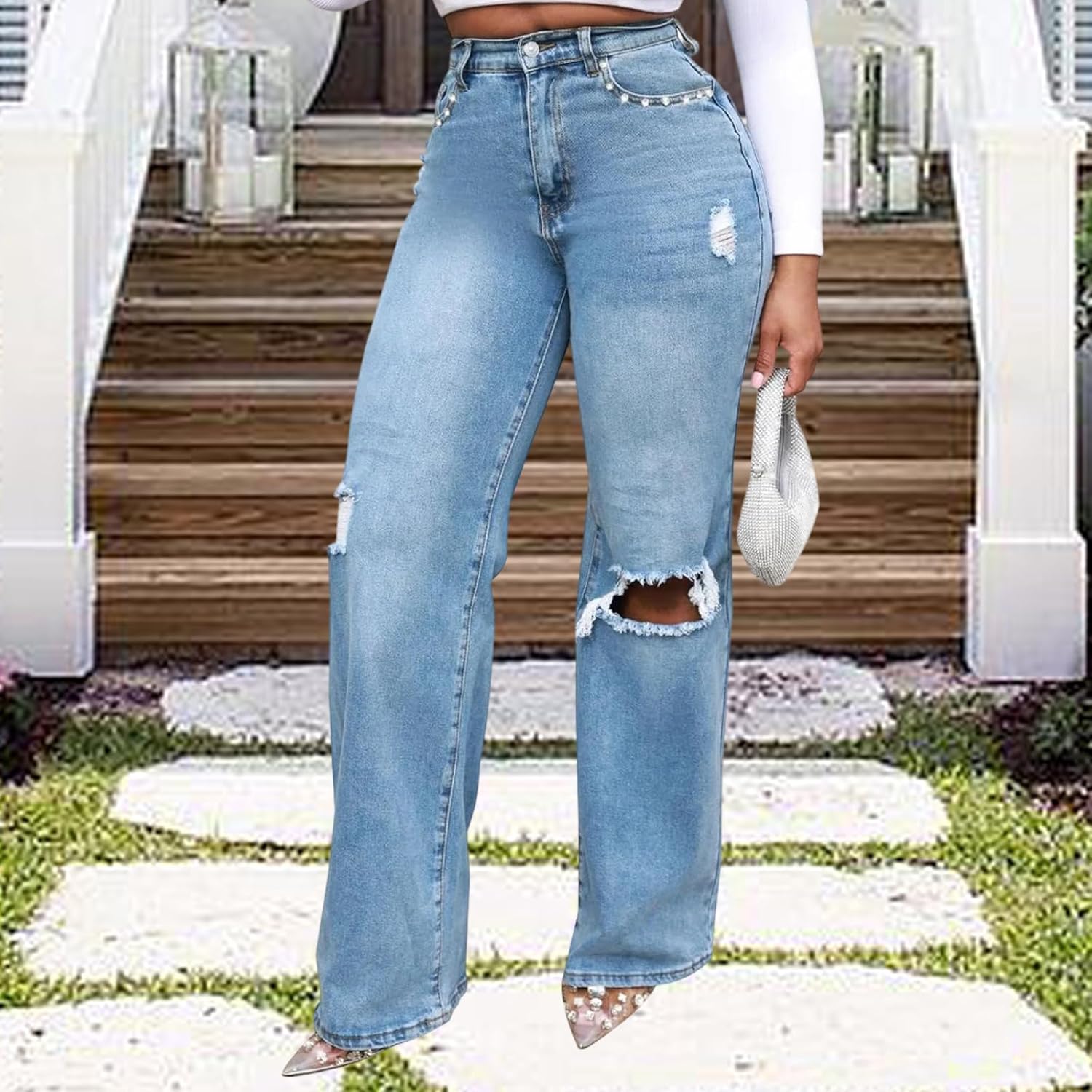 Women's Wide Leg Straight Jeans High Waisted Baggy Stretch Loose Denim Pants - Image 5
