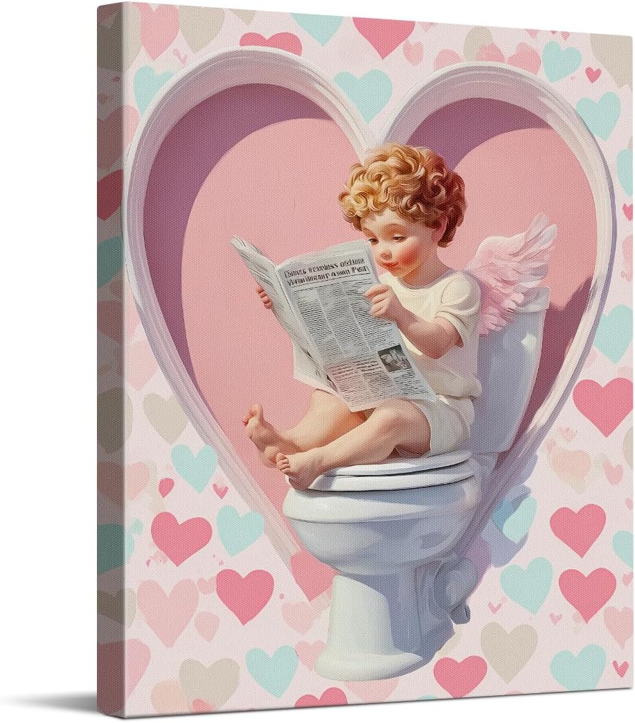 Cupid Reading on Toilet Art Print, Funny Valentines Day Canvas Wall Art, Valentines Day Wall Decor for Bathroom Restroom, Love Poster Gift, Ready to hang 8x10 inch Wrapped Framed